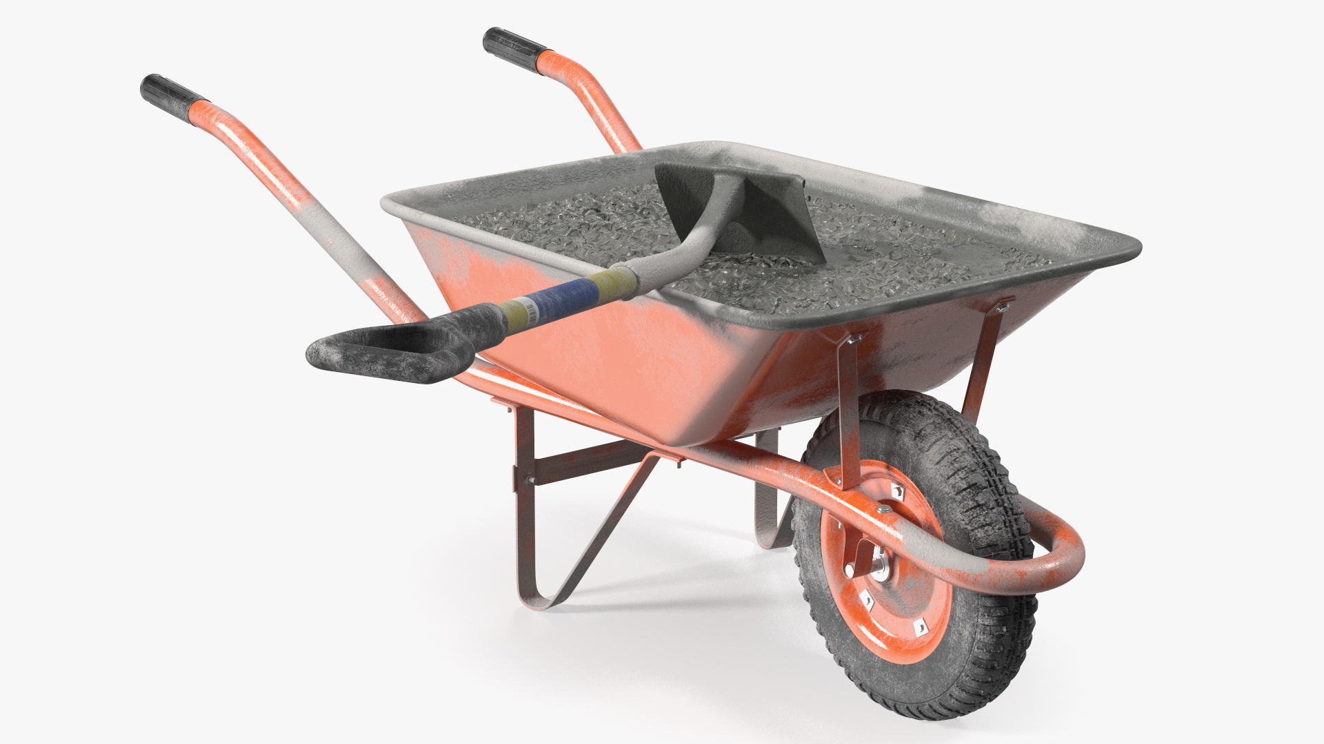 3D One Wheel Construction Cart Full of Concrete with Shovel