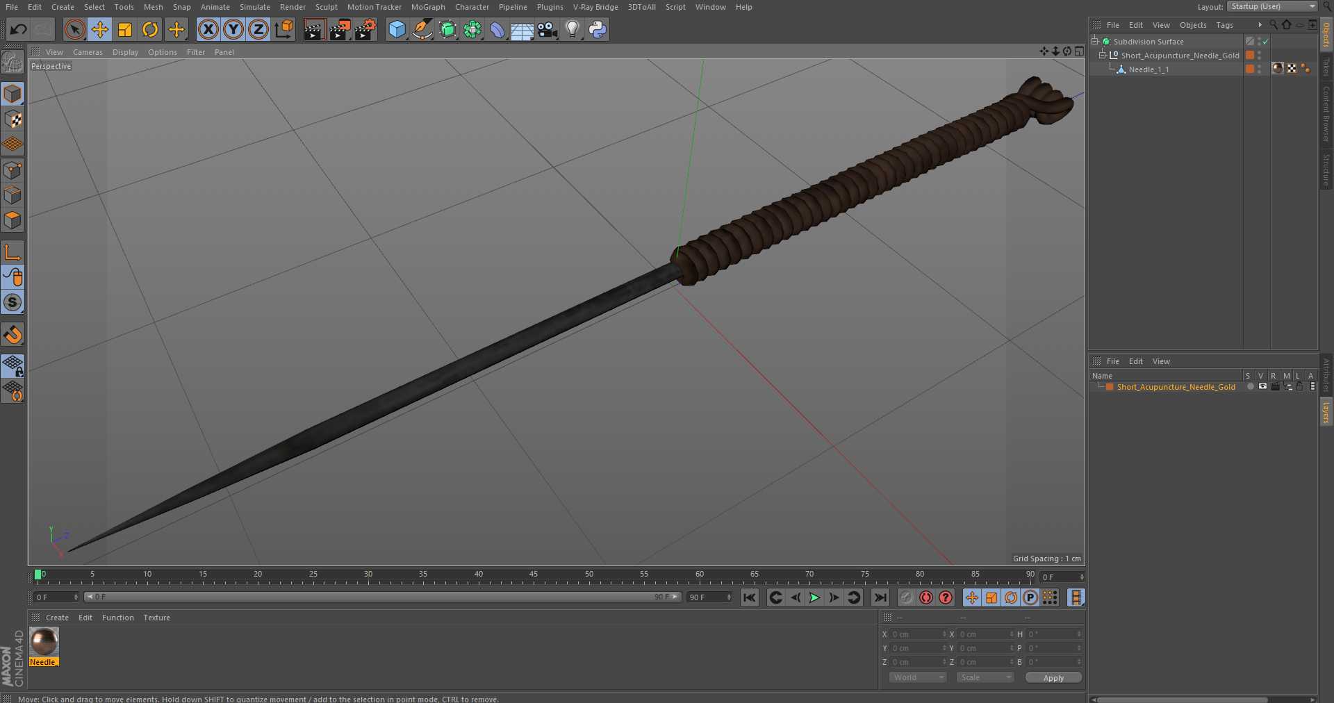 Short Acupuncture Needle Gold 3D model