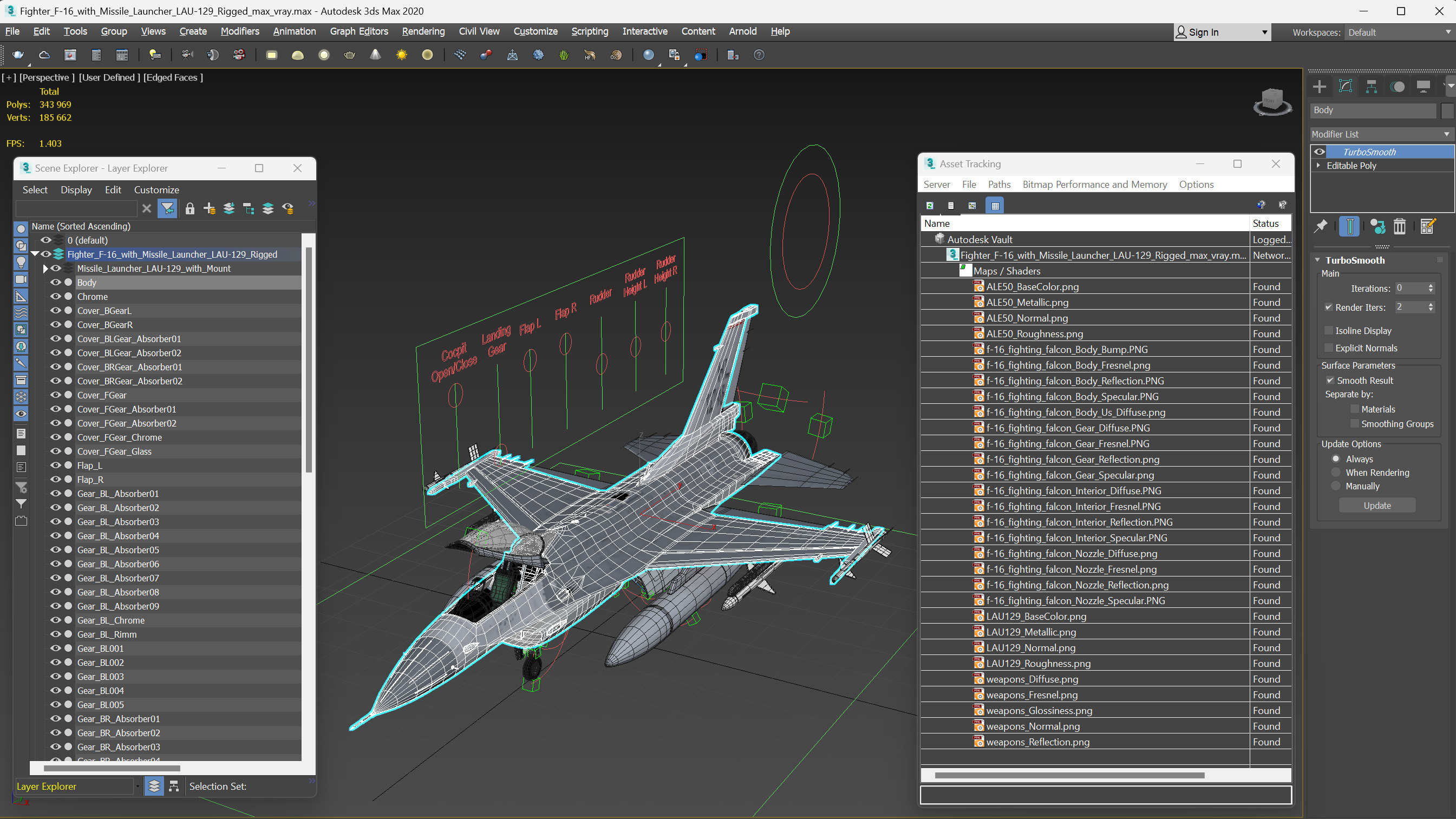 3D Fighter F-16 with Missile Launcher LAU-129 Rigged for Maya model