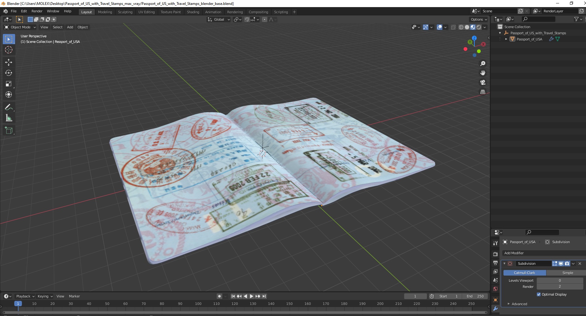 3D Passport of US with Travel Stamps model