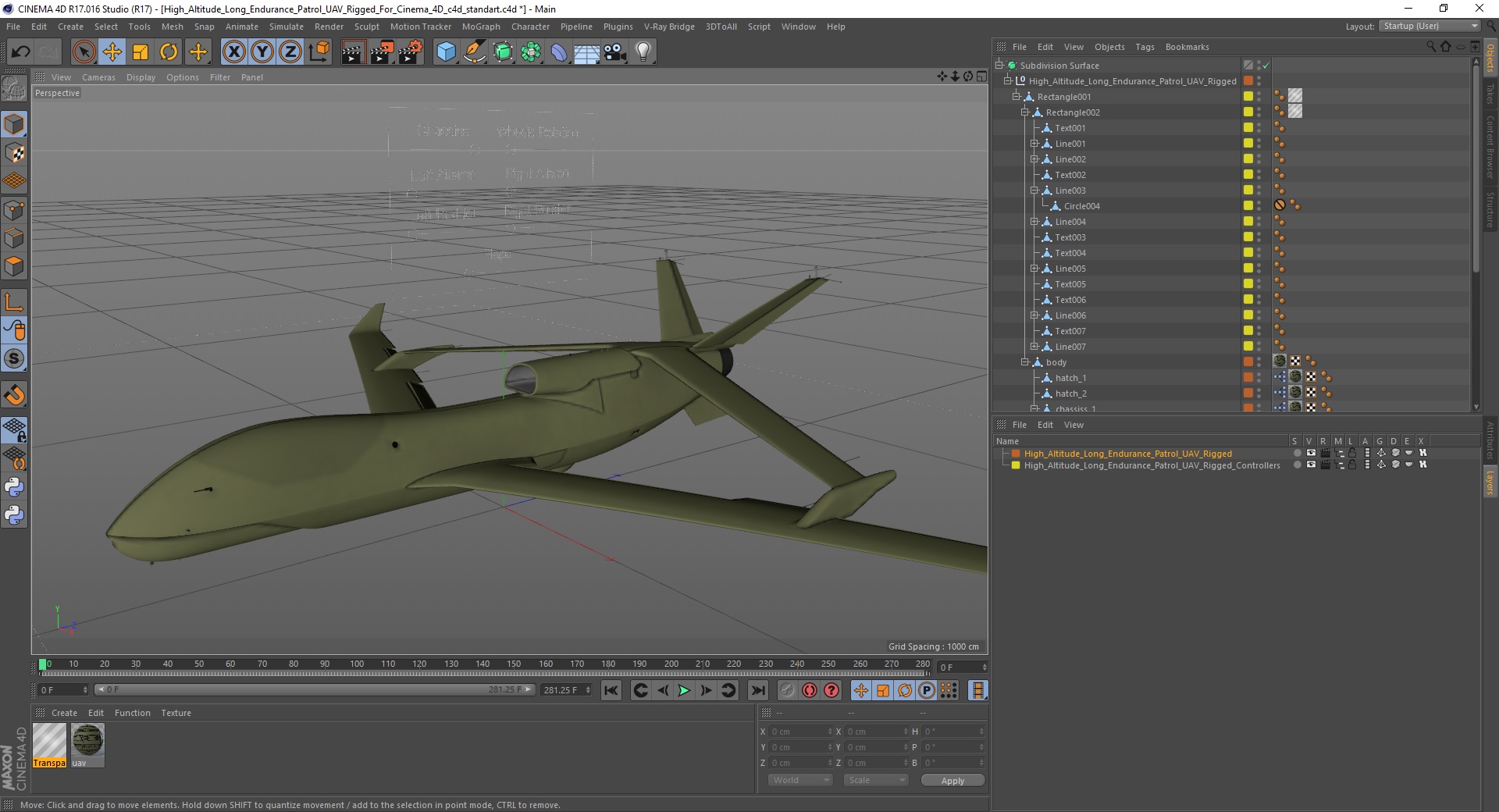 3D model High Altitude Long Endurance Patrol UAV Rigged for Cinema 4D