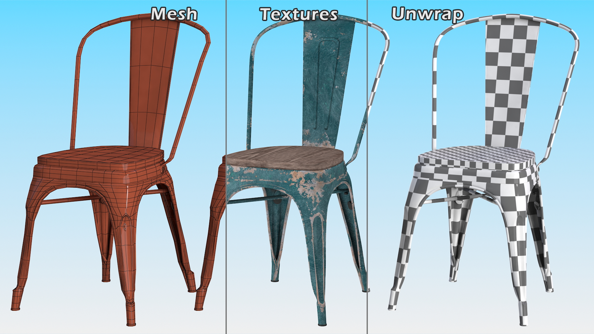 3D Old Stackable Chair Wooden Seat