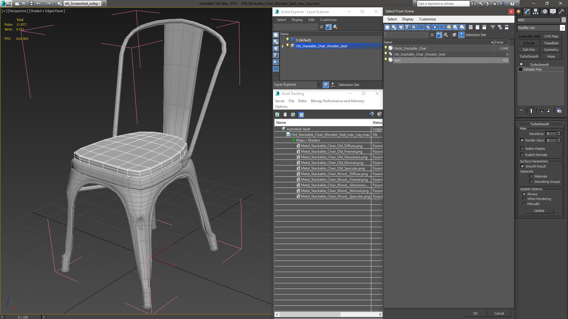 3D Old Stackable Chair Wooden Seat