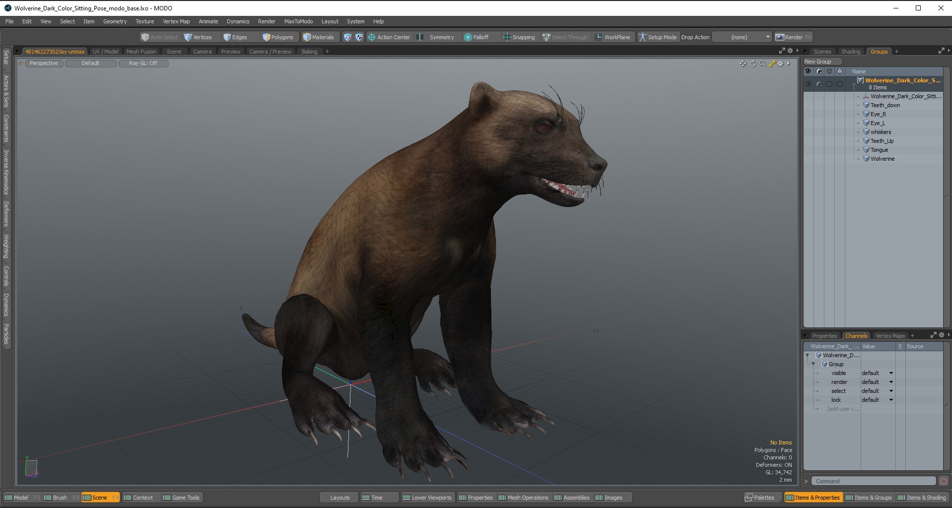 3D Wolverine Dark Color Sitting Pose model