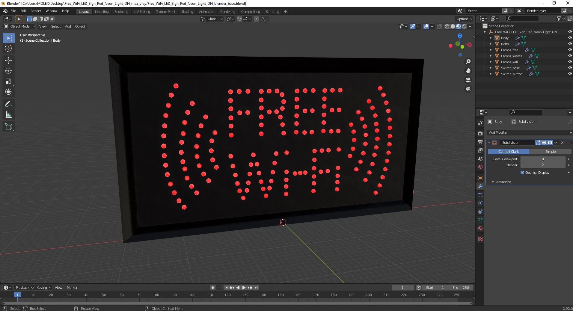 3D Free WiFi LED Sign Red Neon Light ON