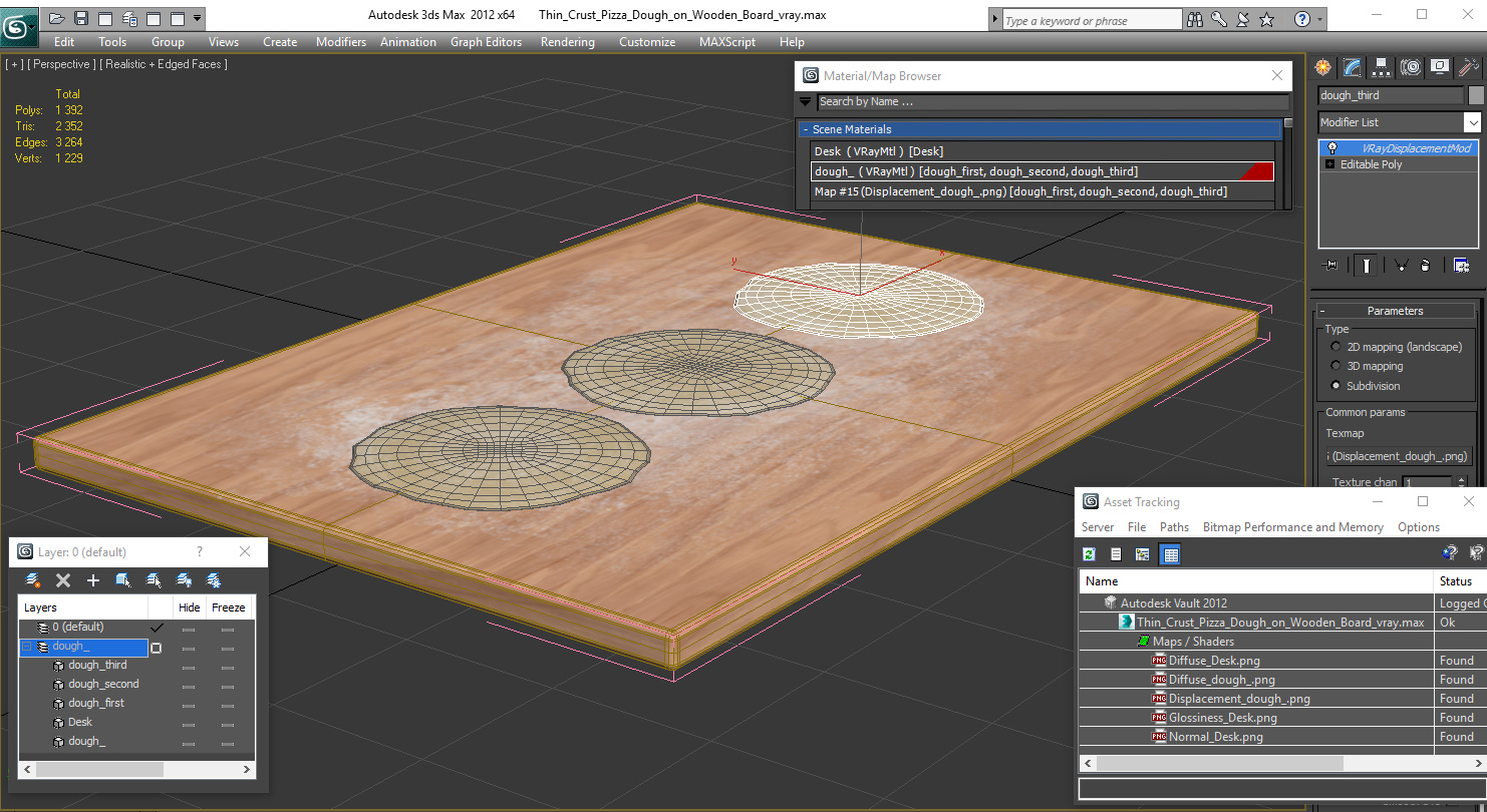 3D Thin Crust Pizza Dough on Wooden Board model