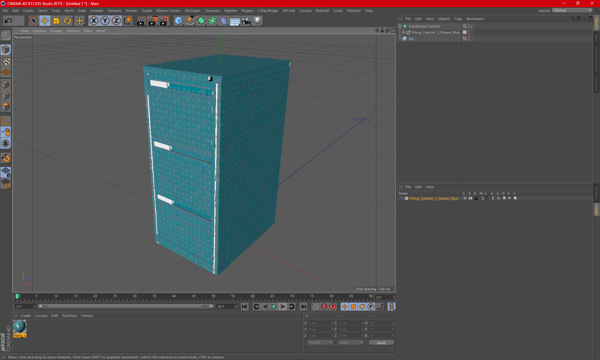 3D Filing Cabinet 3 Drawer Blue model