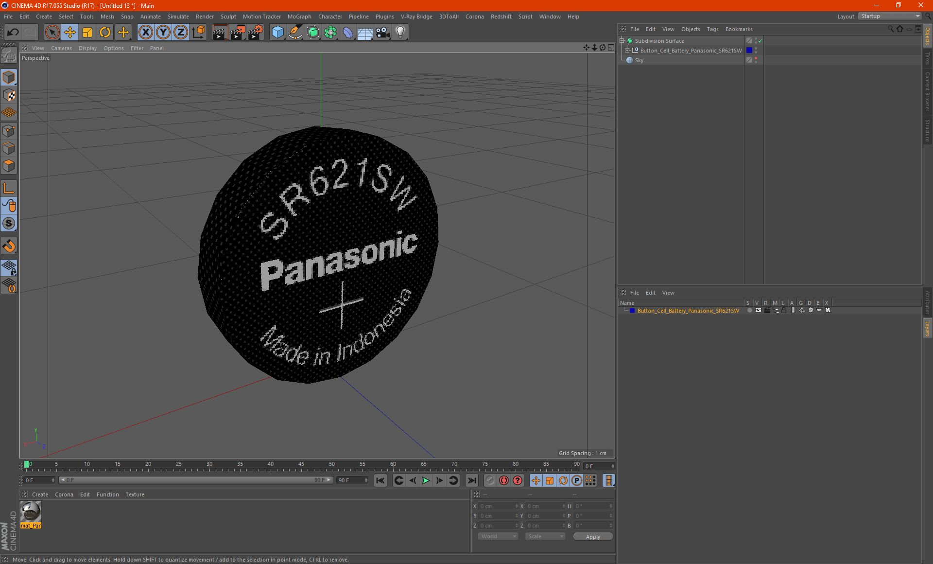 Button Cell Battery Panasonic SR621SW 3D