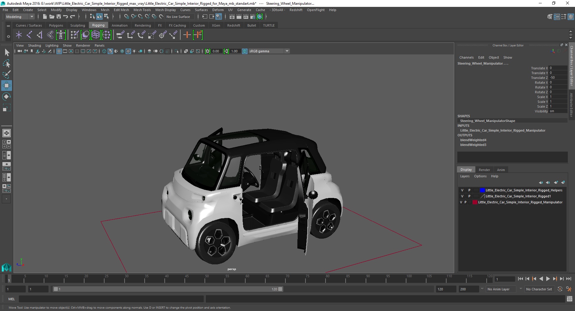 3D Little Electric Car Simple Interior Rigged for Maya