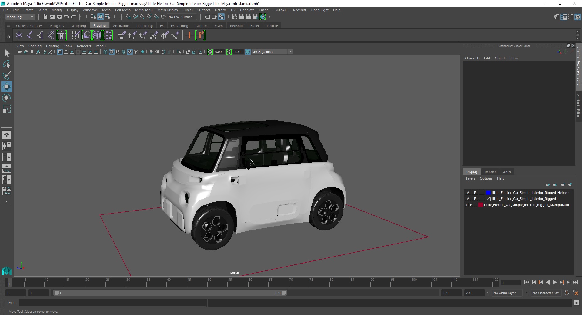 3D Little Electric Car Simple Interior Rigged for Maya