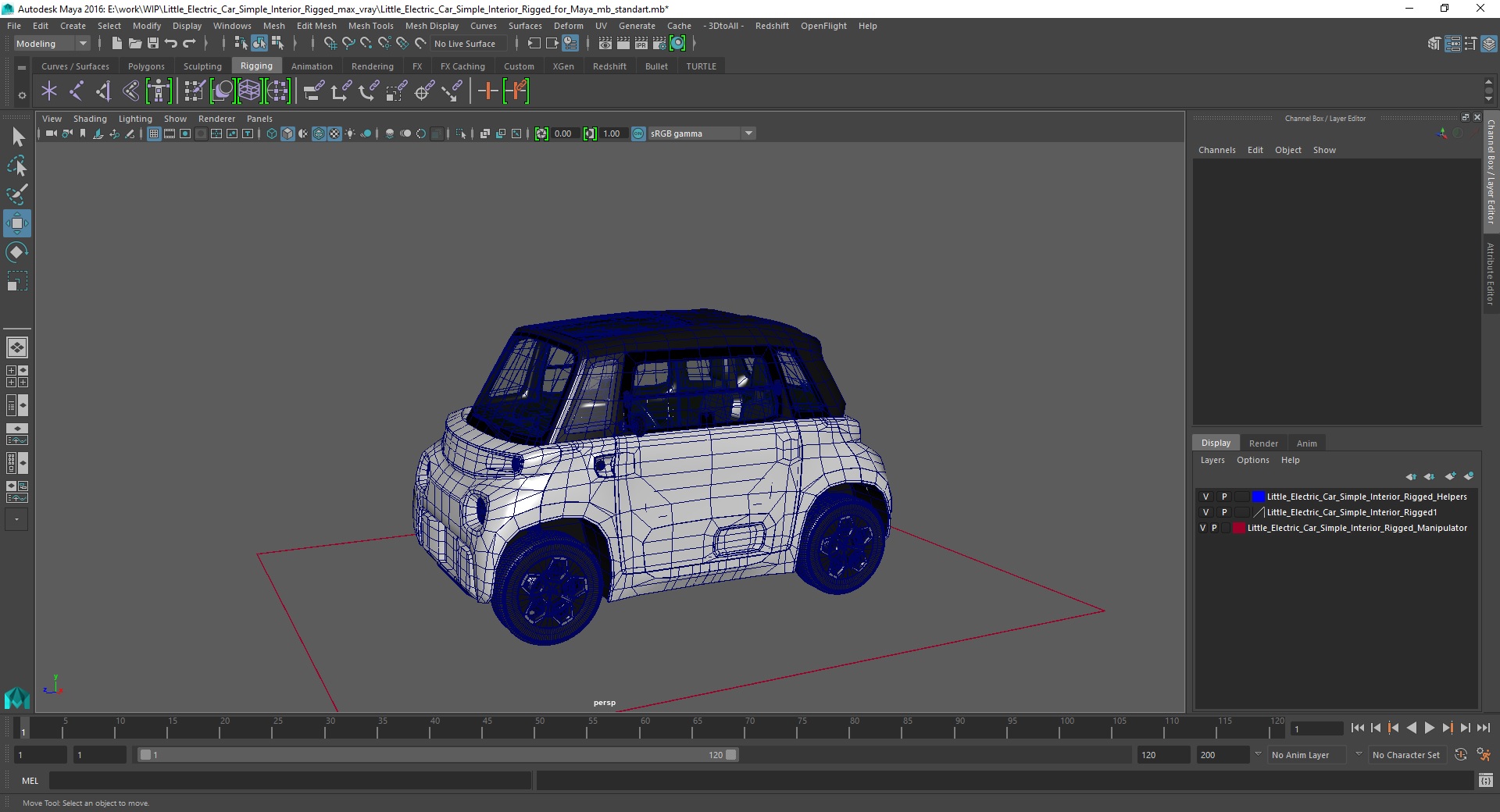 3D Little Electric Car Simple Interior Rigged for Maya