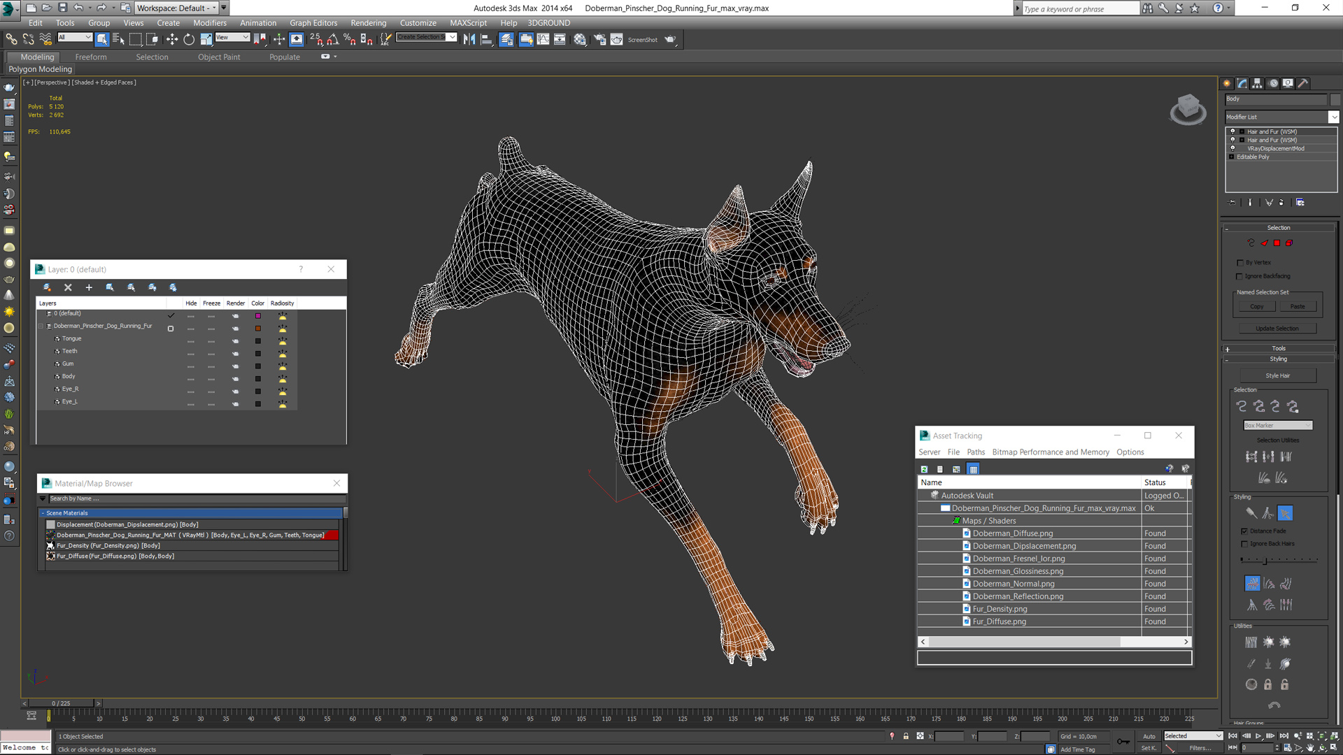 3D Doberman Pinscher Dog Running Fur model