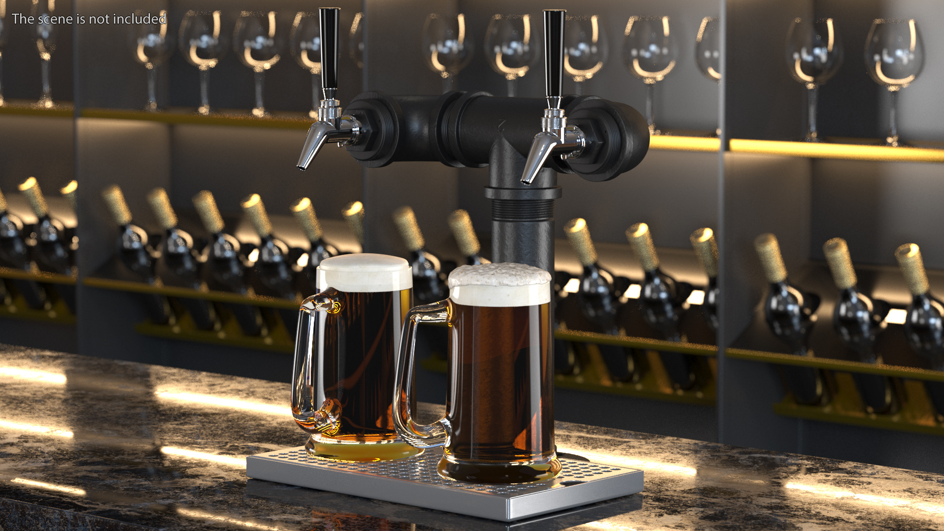 Black Iron Pipe Beer Tower Double Tap with Beer Mugs 3D