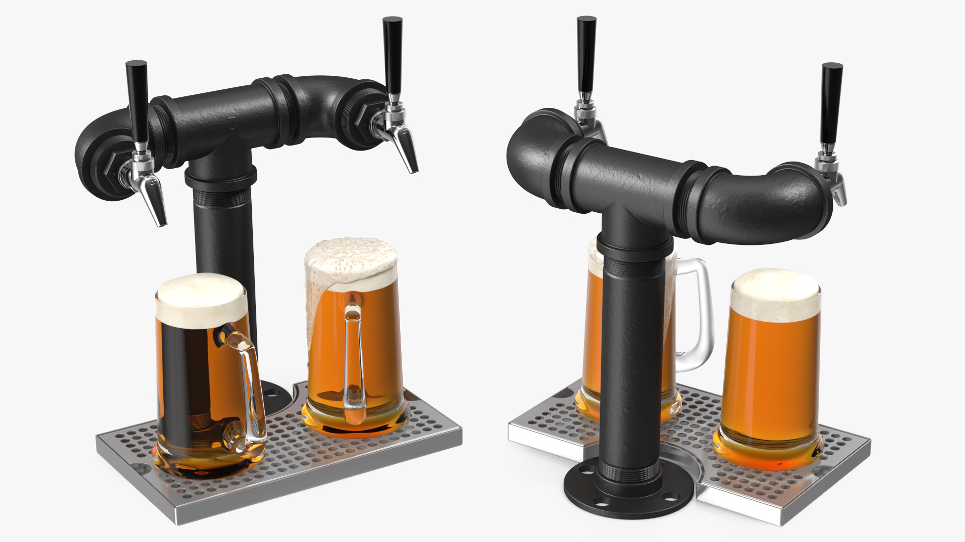 Black Iron Pipe Beer Tower Double Tap with Beer Mugs 3D