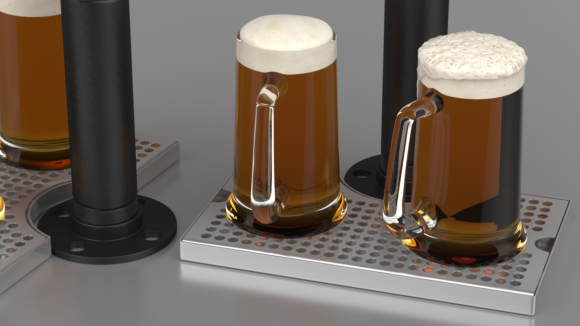 Black Iron Pipe Beer Tower Double Tap with Beer Mugs 3D