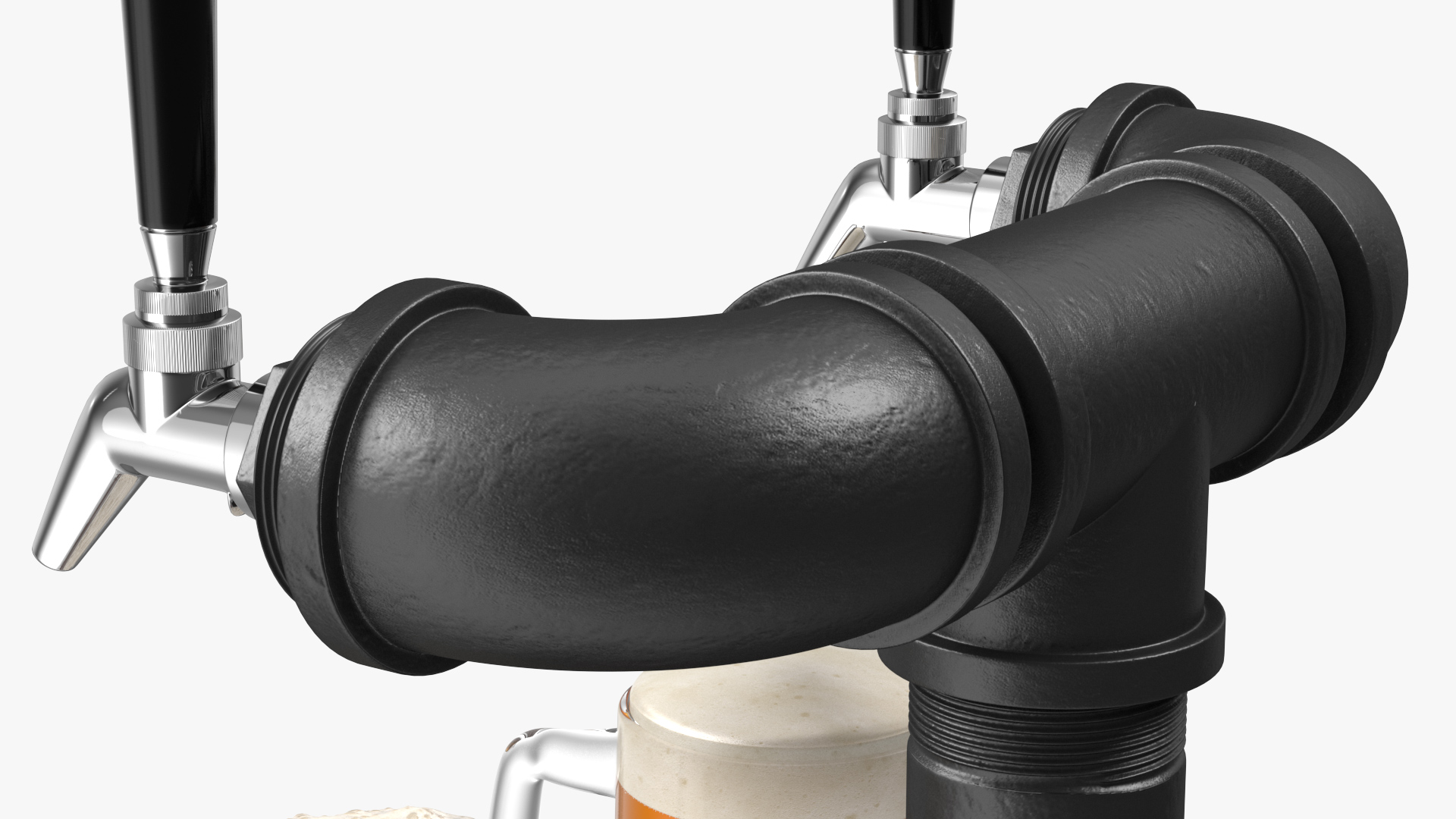 Black Iron Pipe Beer Tower Double Tap with Beer Mugs 3D