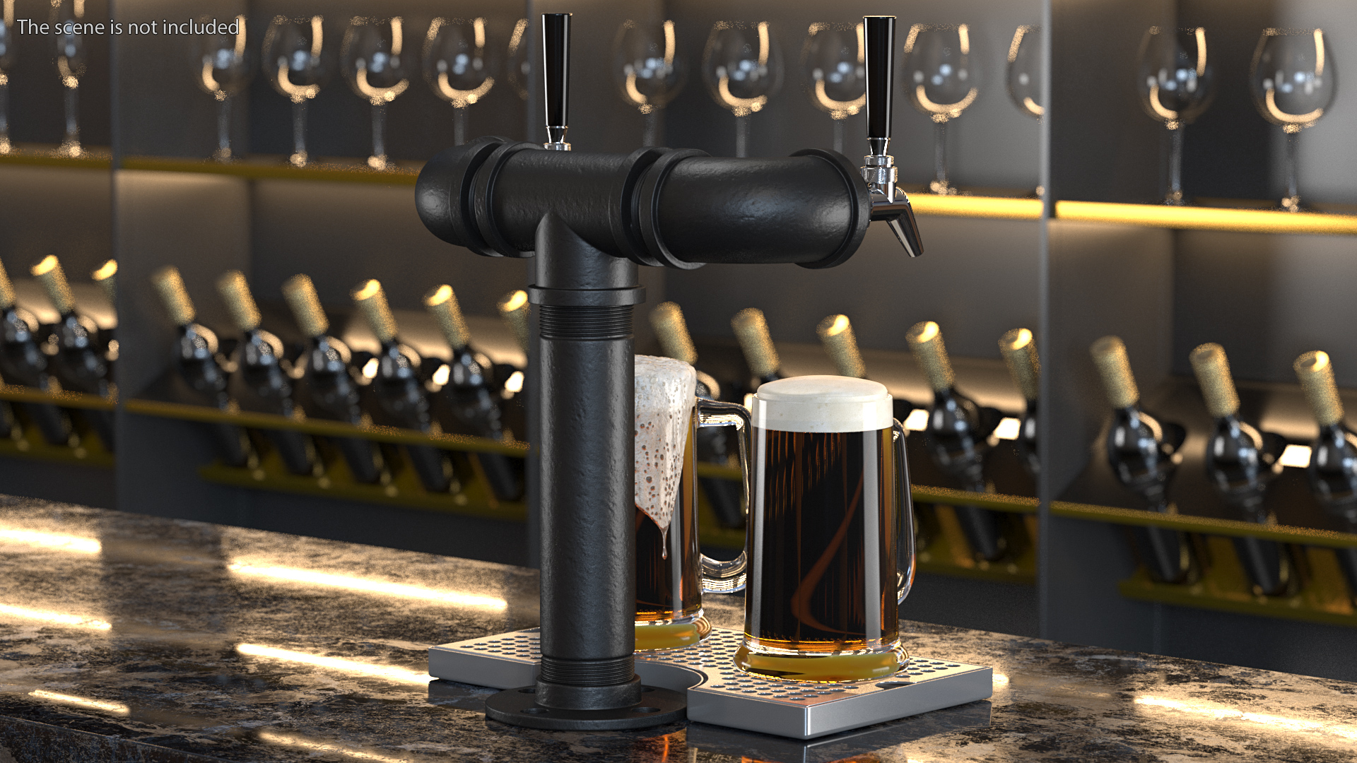 Black Iron Pipe Beer Tower Double Tap with Beer Mugs 3D