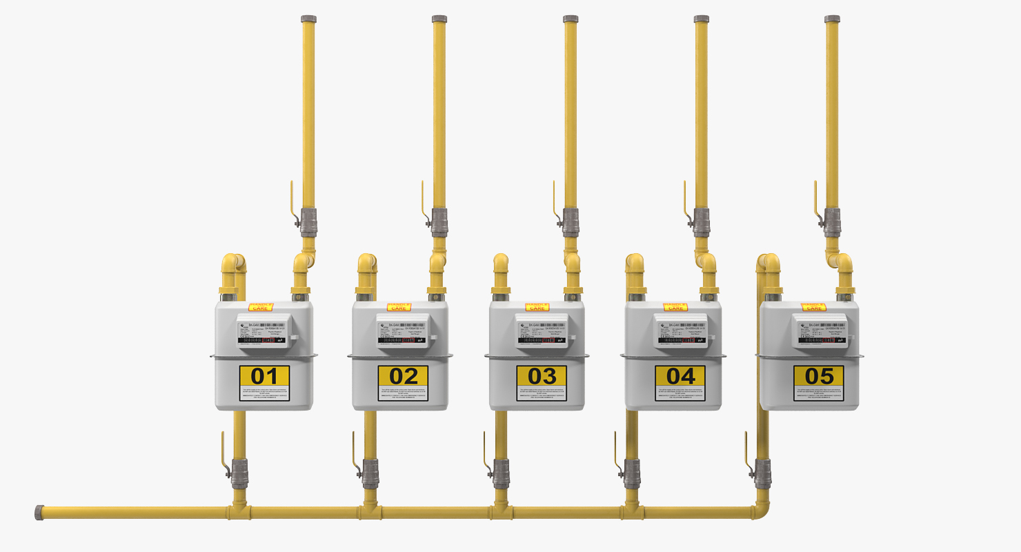Row of Residential Natural Gas Meters 3D