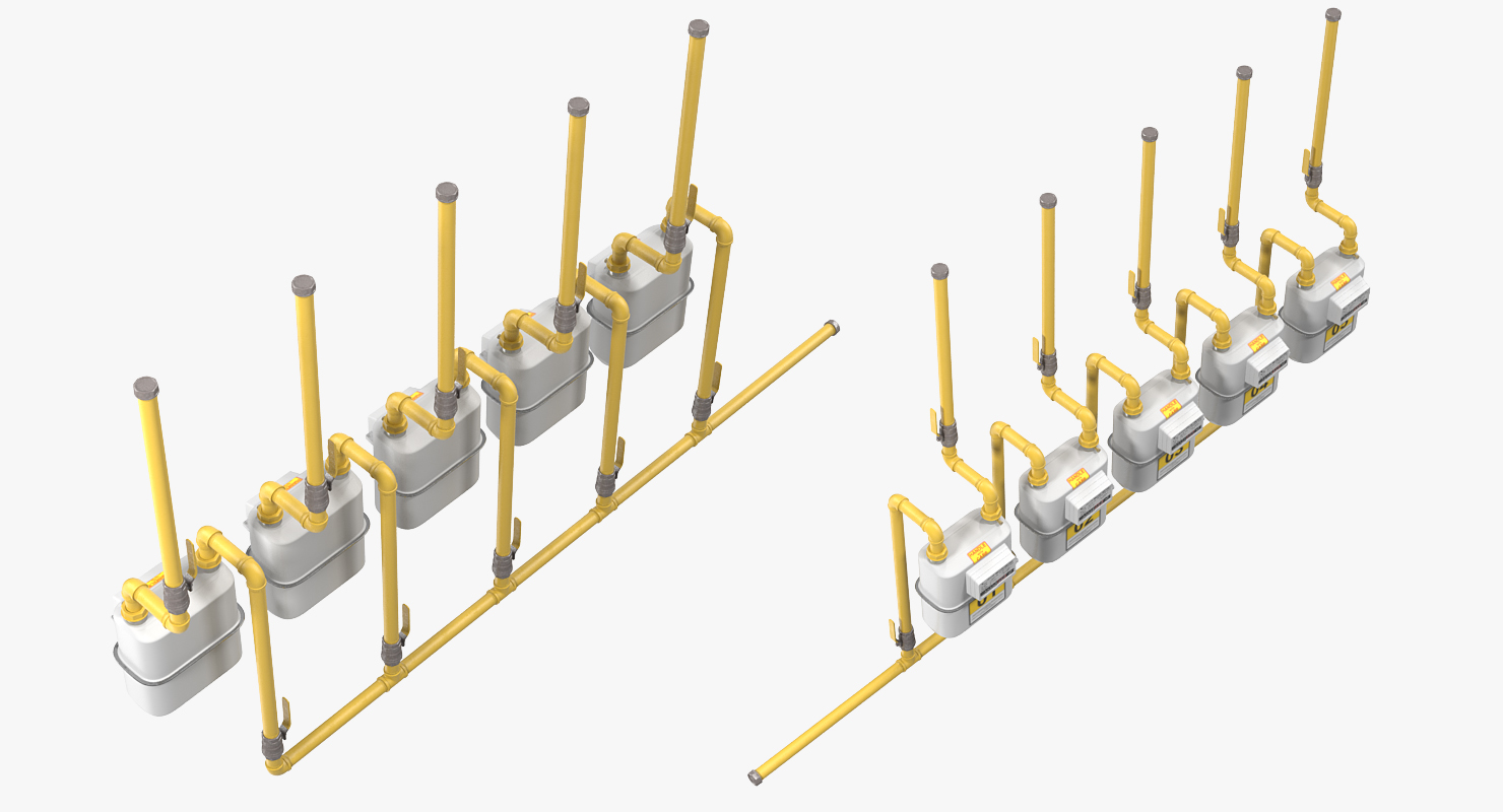 Row of Residential Natural Gas Meters 3D
