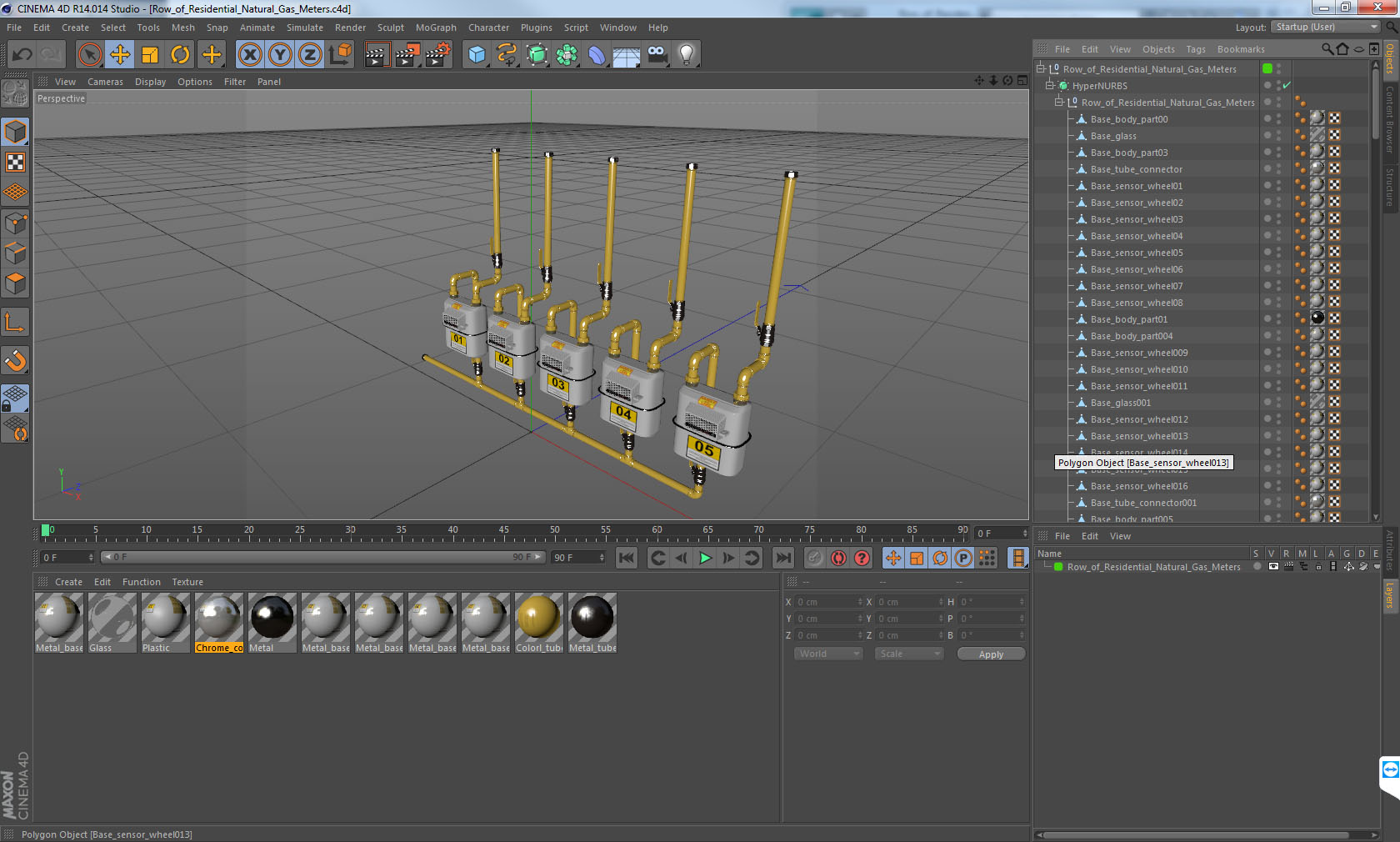 Row of Residential Natural Gas Meters 3D