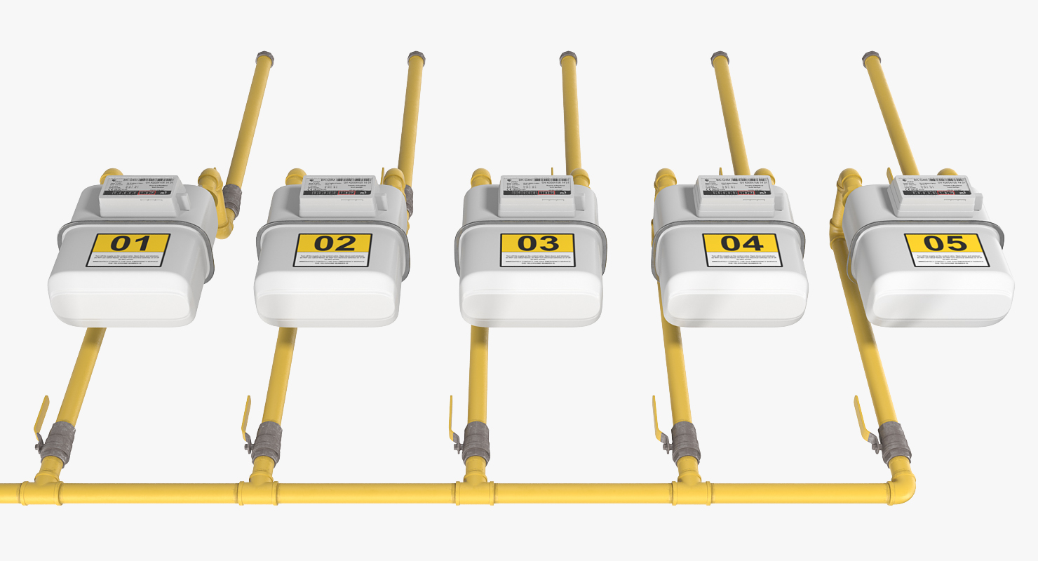 Row of Residential Natural Gas Meters 3D