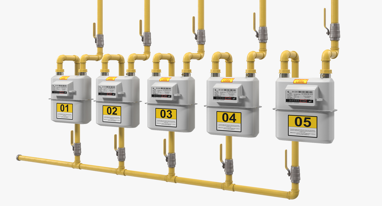 Row of Residential Natural Gas Meters 3D