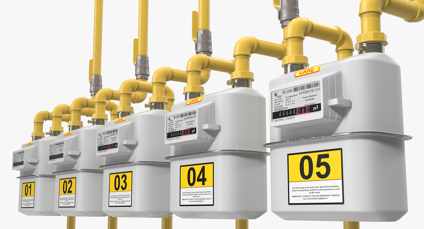 Row of Residential Natural Gas Meters 3D