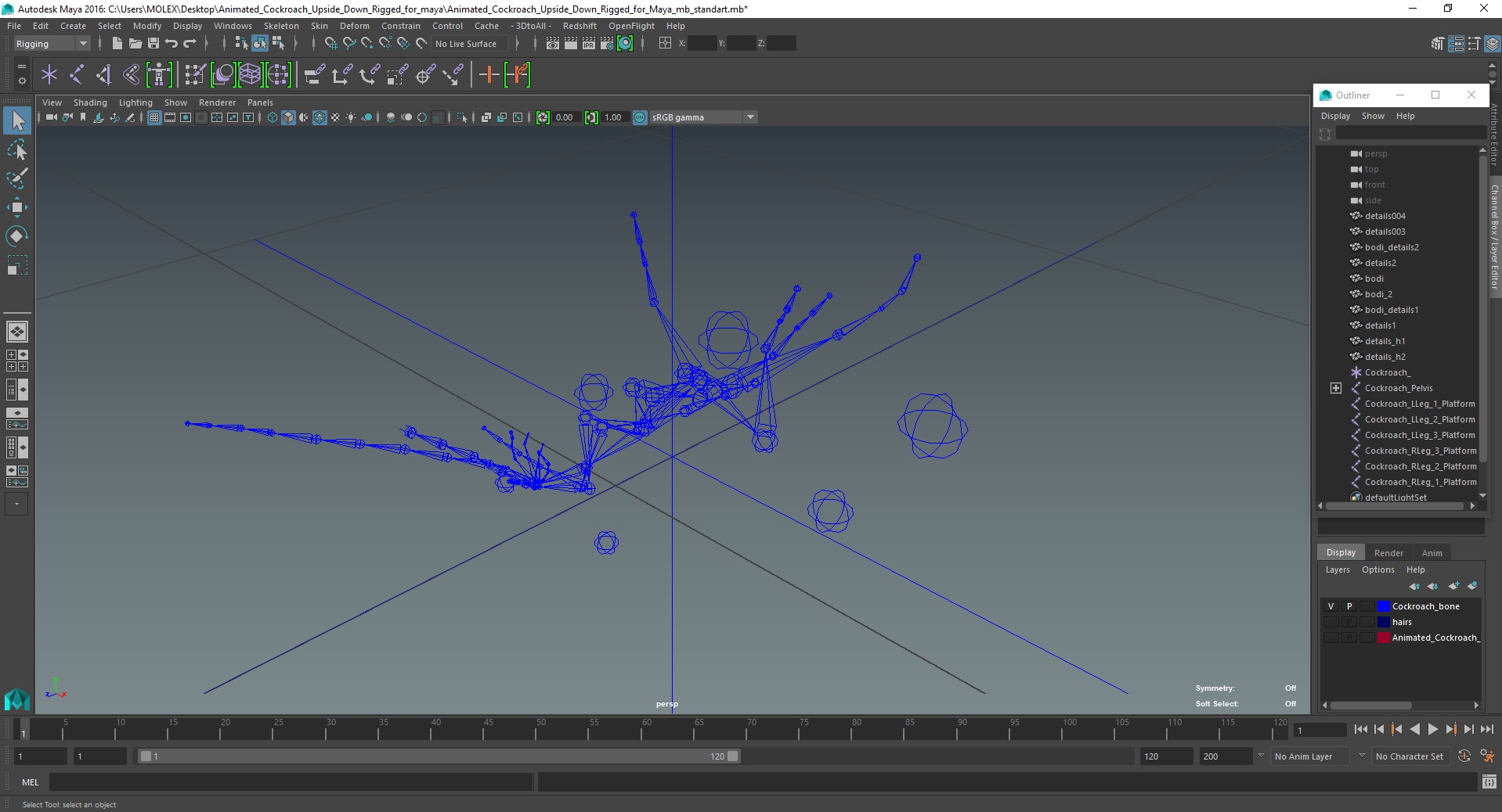 3D Animated Cockroach Upside Down Rigged for Maya