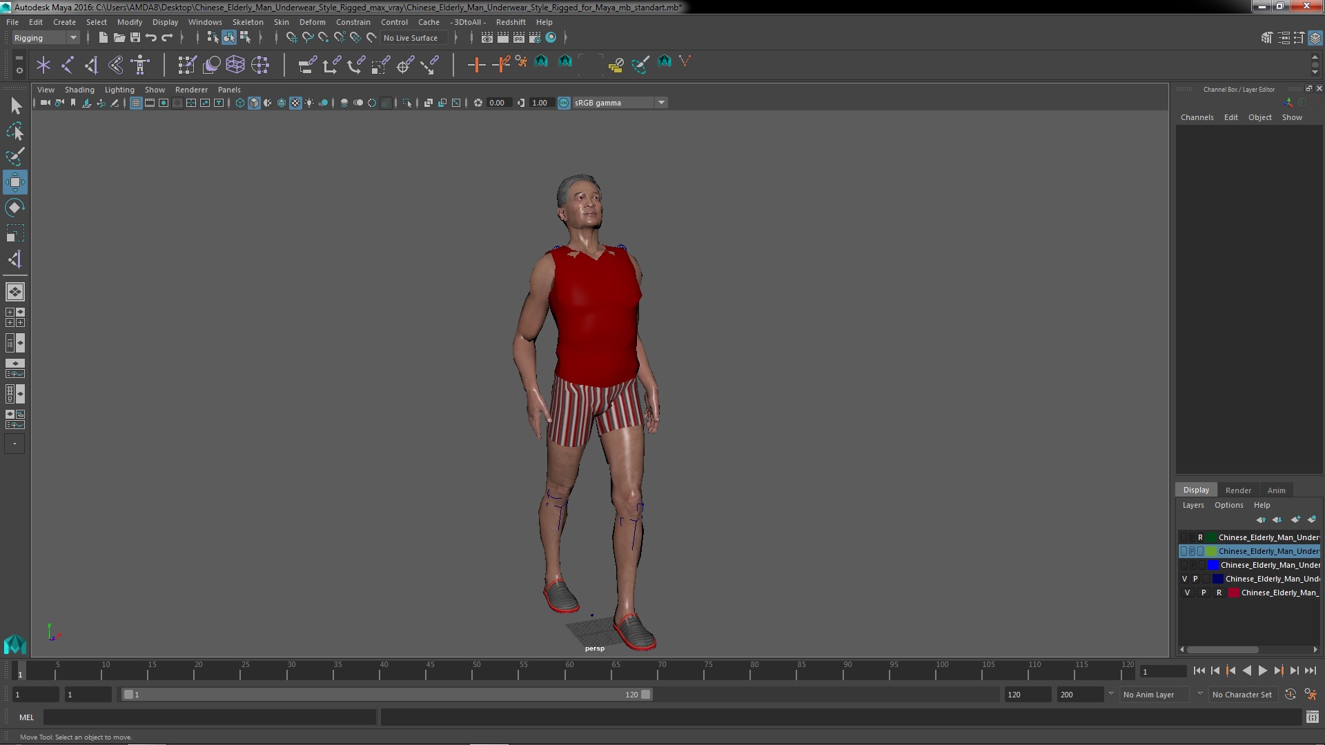3D Chinese Elderly Man Underwear Style Rigged for Maya
