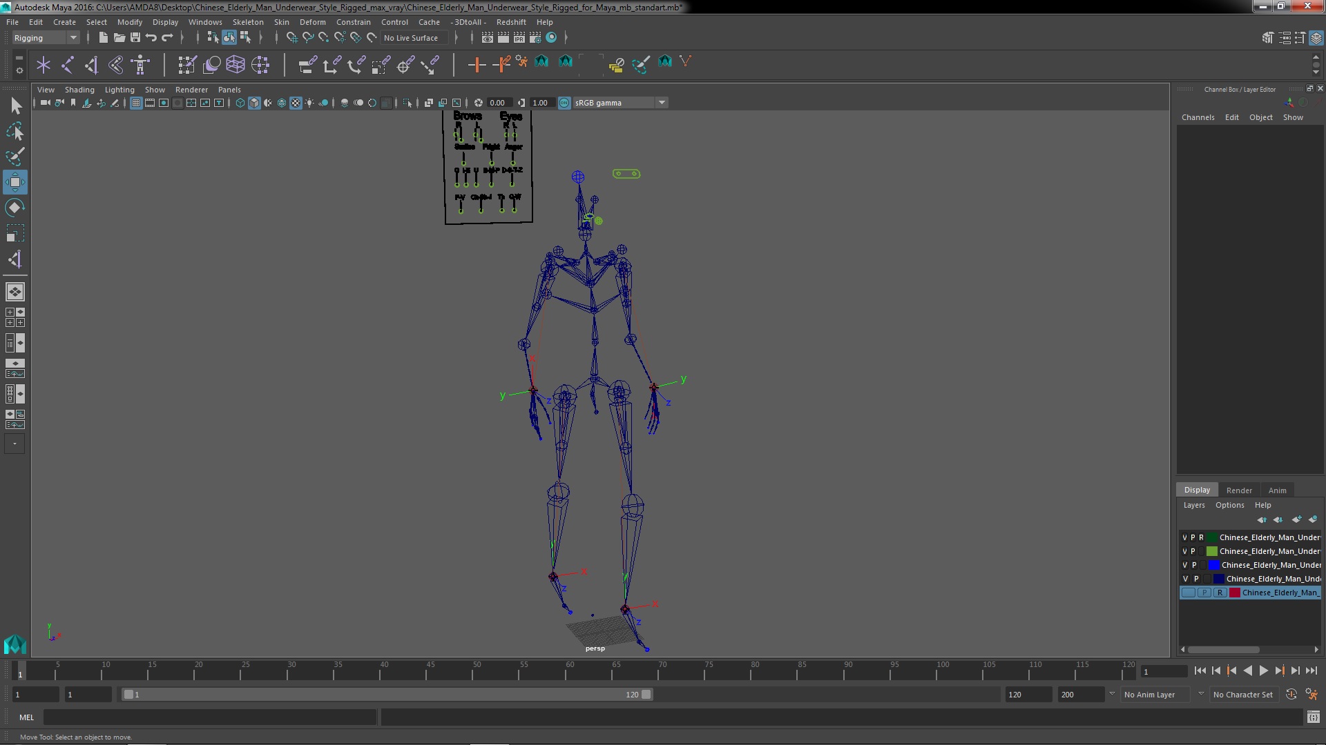 3D Chinese Elderly Man Underwear Style Rigged for Maya