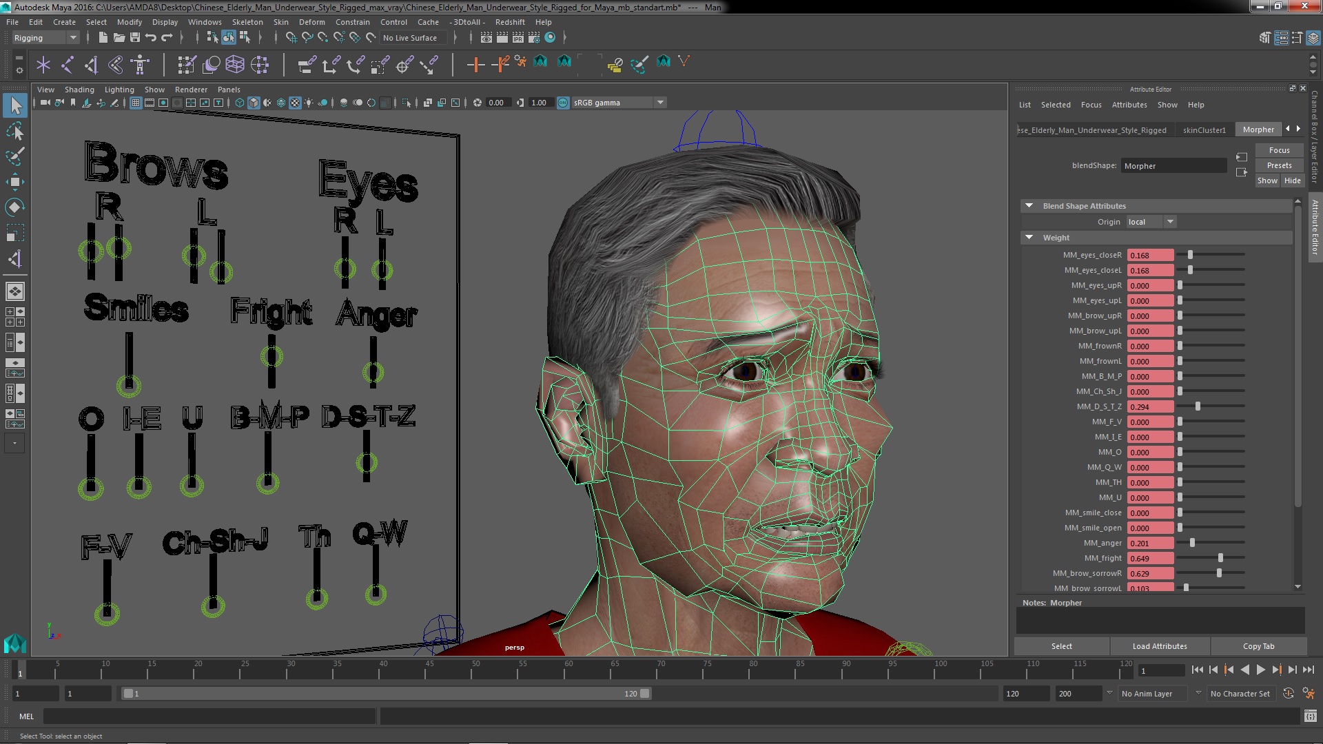 3D Chinese Elderly Man Underwear Style Rigged for Maya