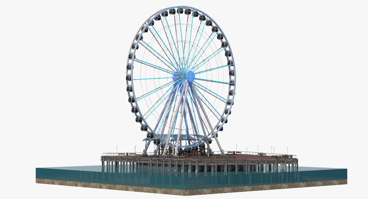 Seattle Great Ferris Wheel at Pier Night Rigged 3D