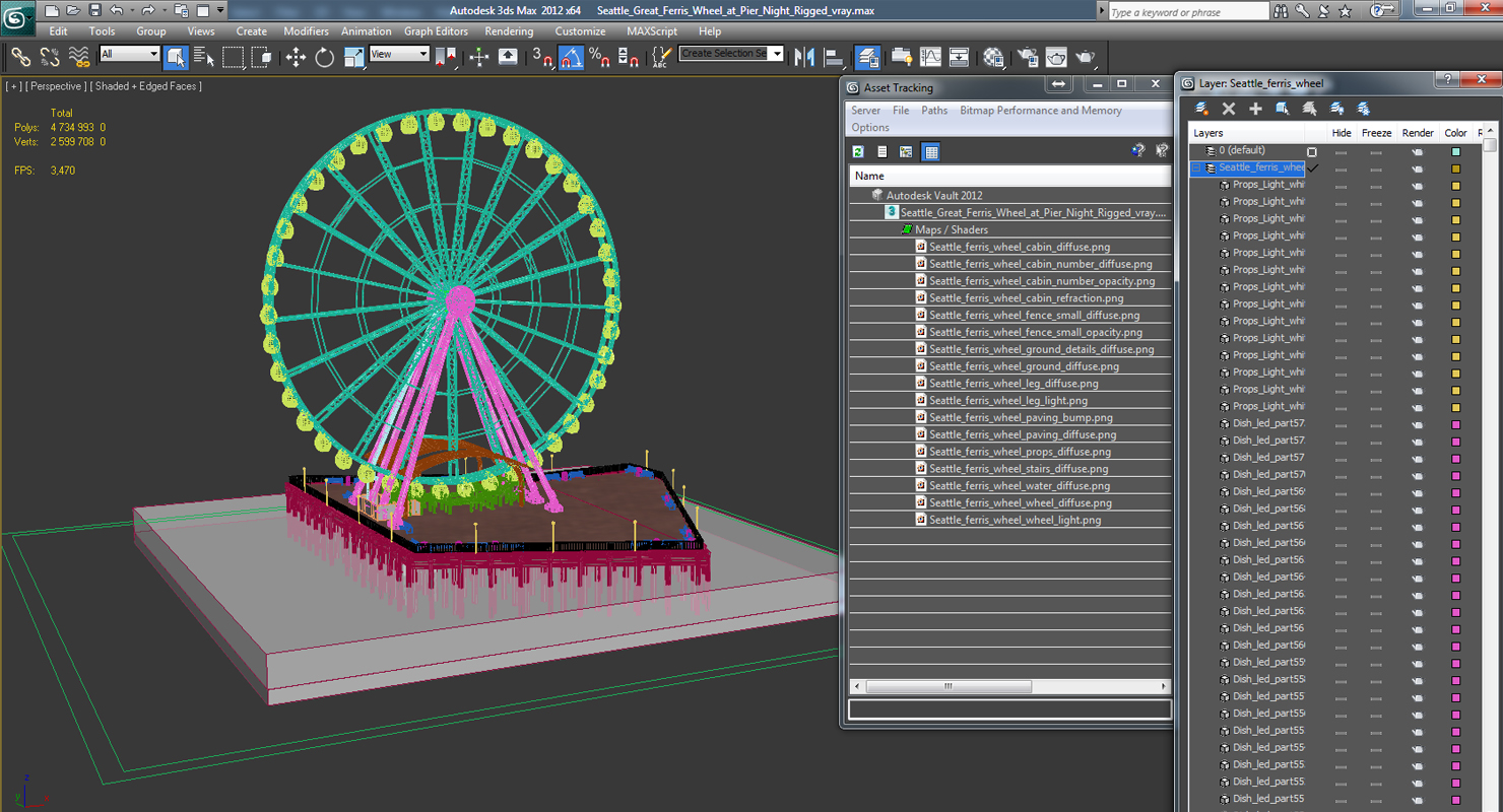 Seattle Great Ferris Wheel at Pier Night Rigged 3D