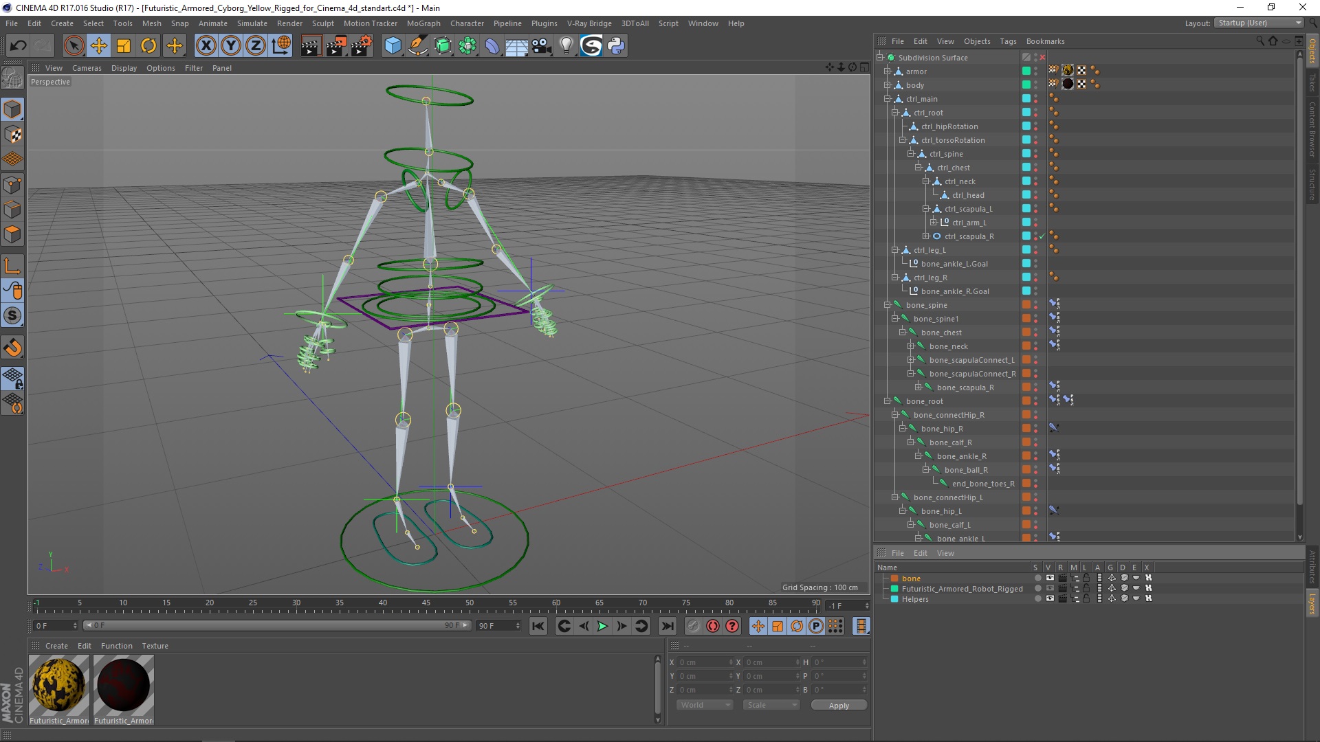 3D Futuristic Armored Cyborg Yellow Rigged for Cinema 4D model