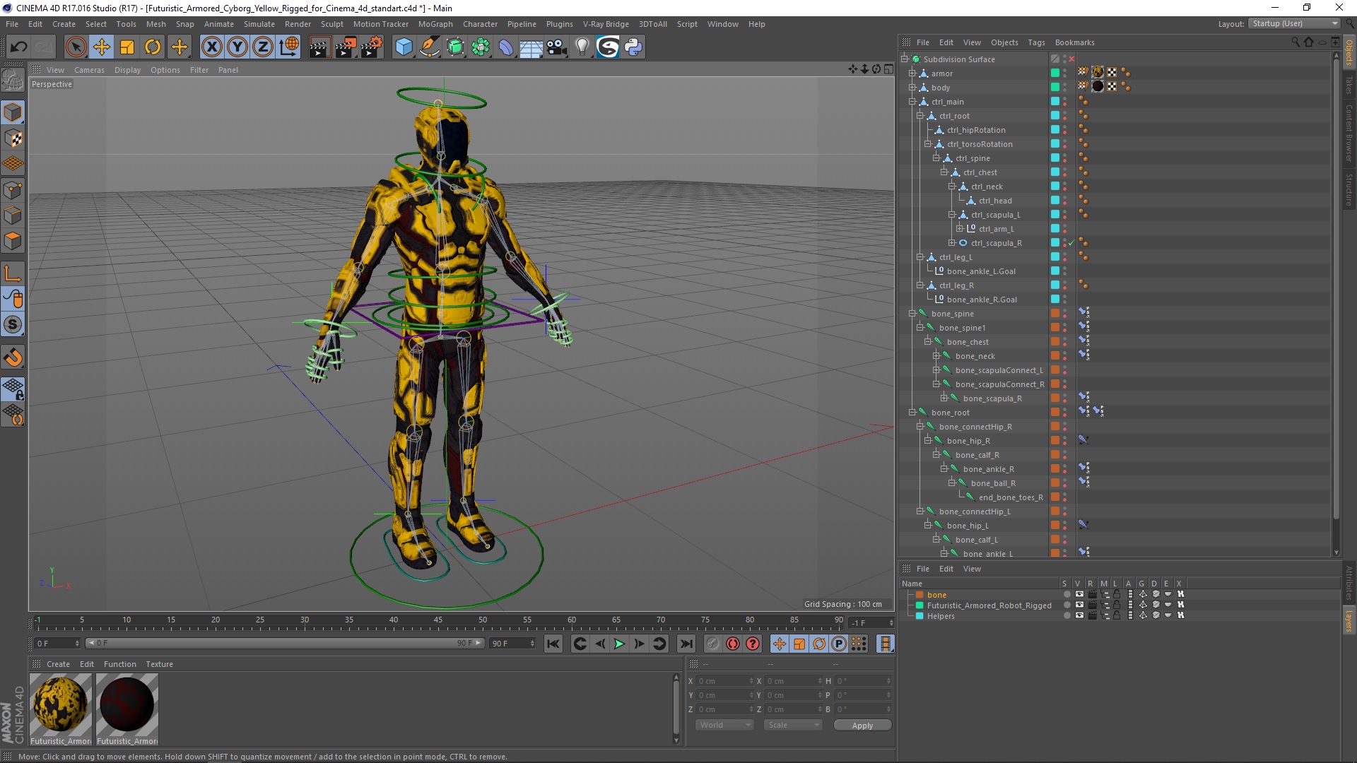 3D Futuristic Armored Cyborg Yellow Rigged for Cinema 4D model