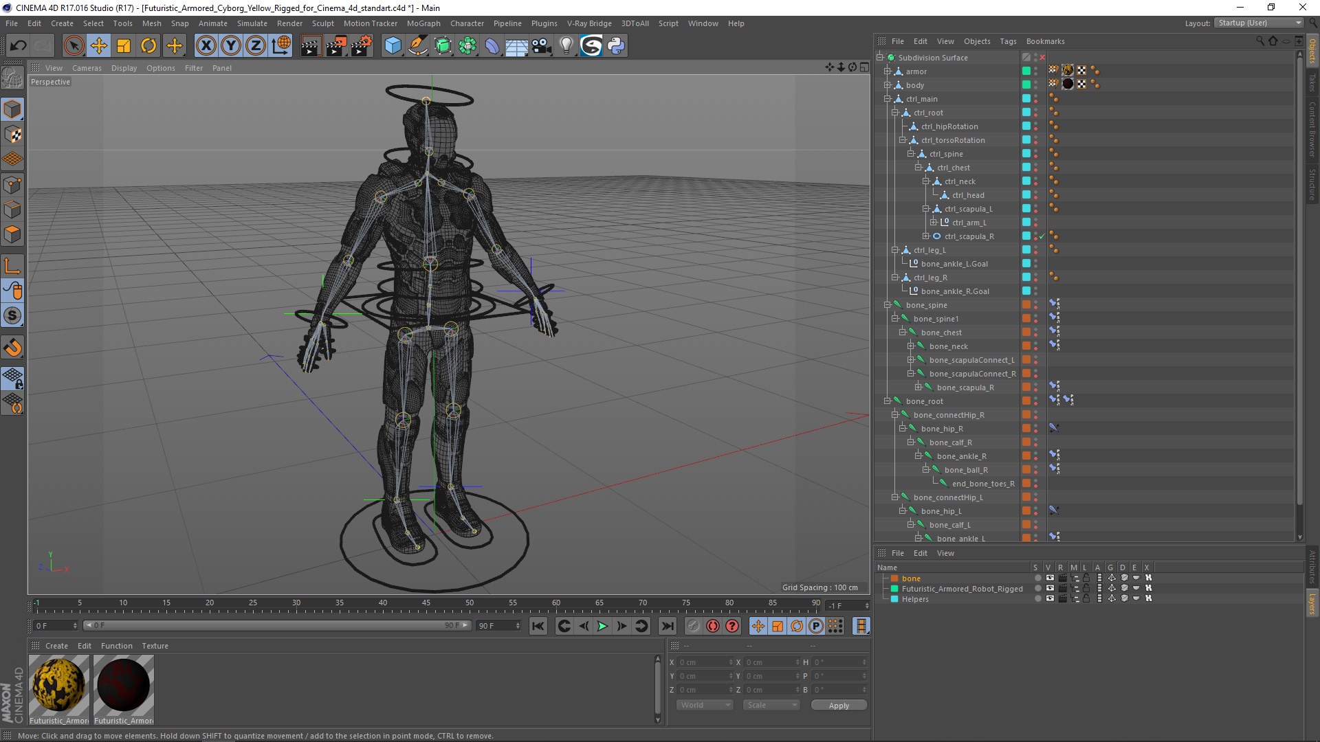3D Futuristic Armored Cyborg Yellow Rigged for Cinema 4D model