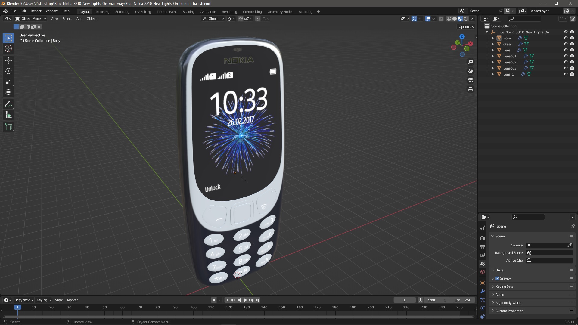 Blue Nokia 3310 New Lights On 3D model