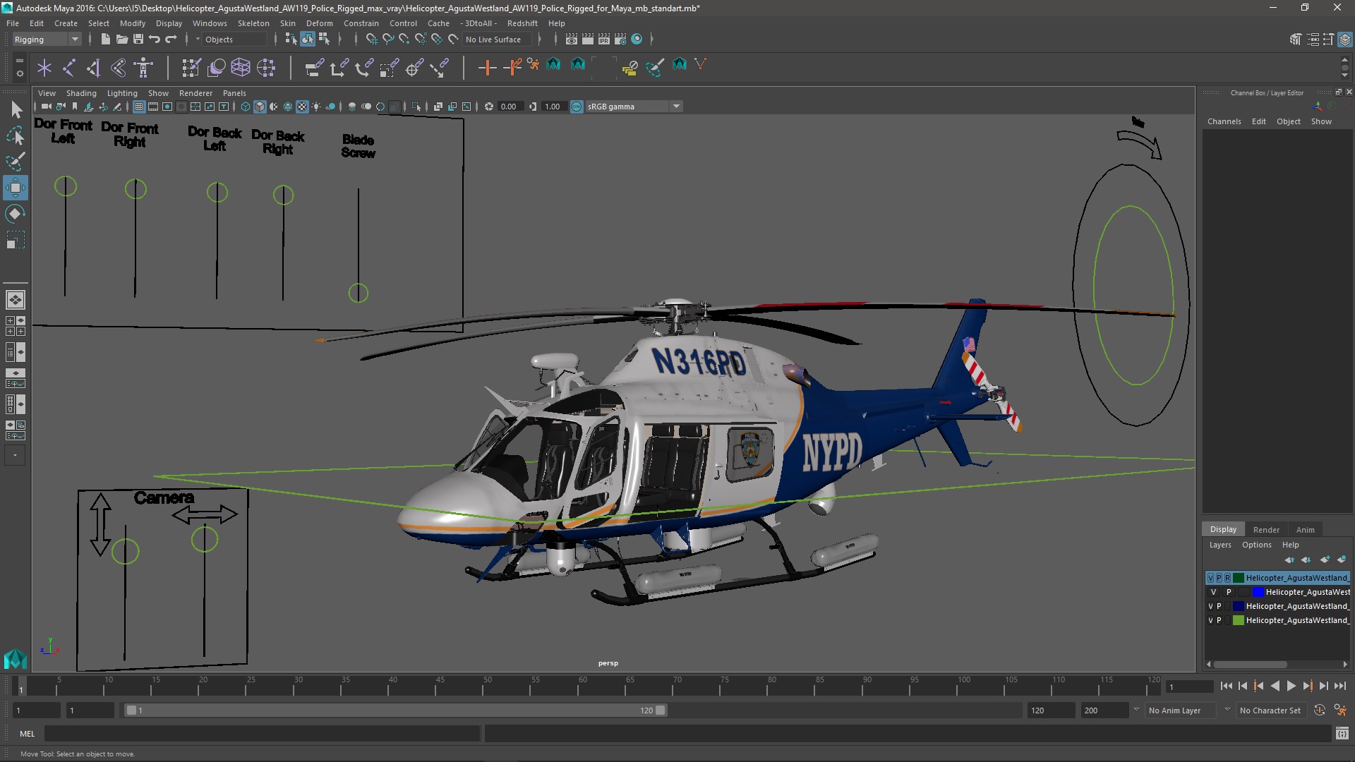 Helicopter AgustaWestland AW119 Police Rigged for Maya 3D model