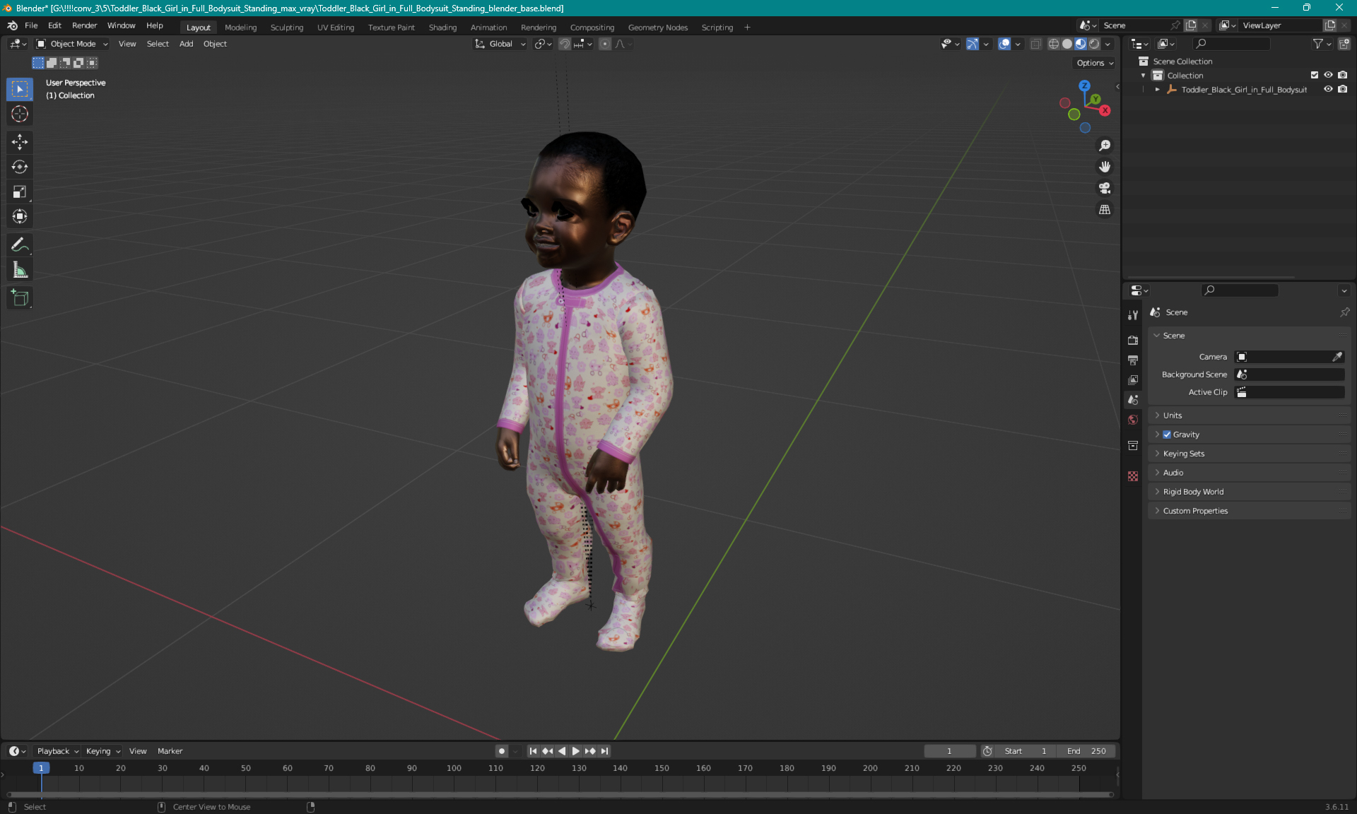 Toddler Black Girl in Full Bodysuit Standing 3D model