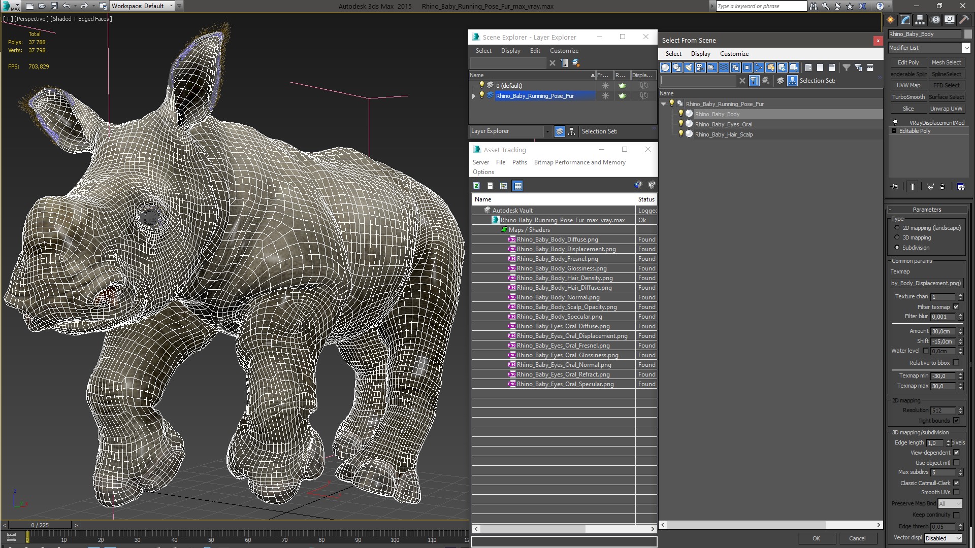 Rhino Baby Running Pose Fur 3D