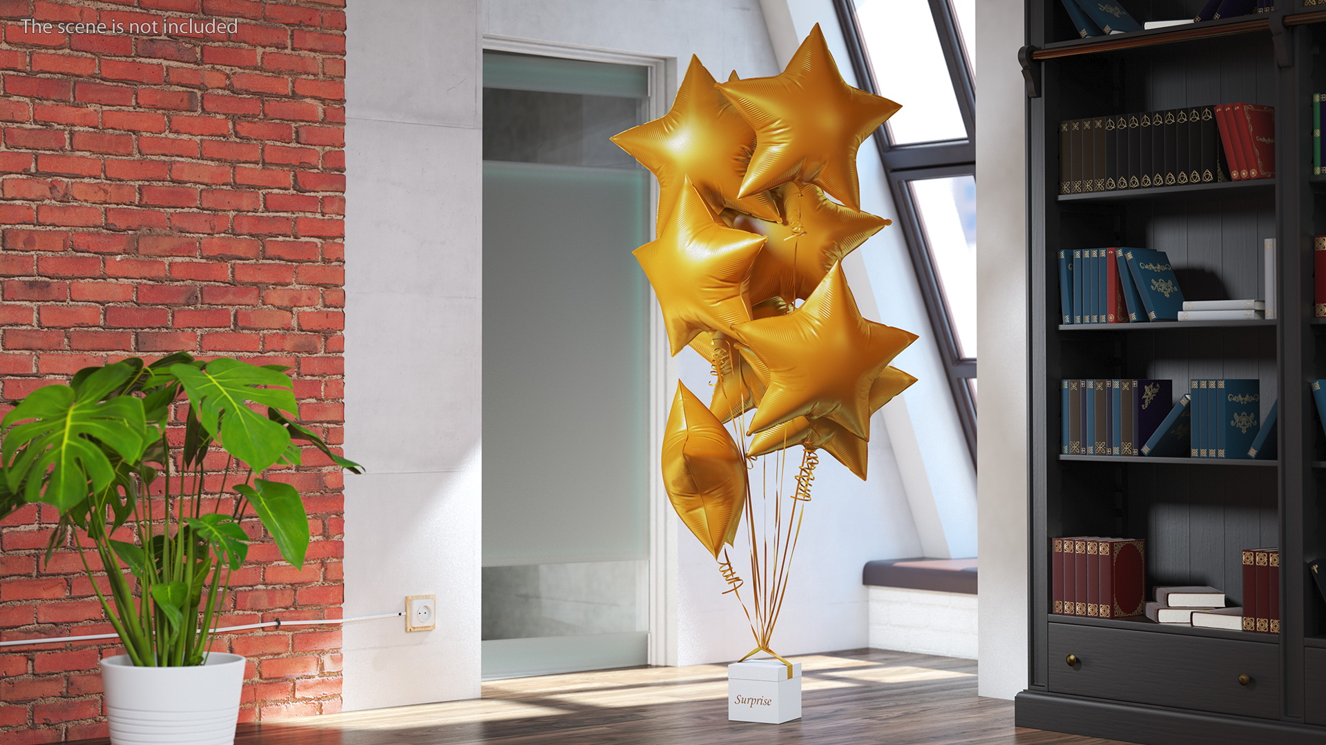 3D Matte Gold Star Balloons Tied to Gift Box