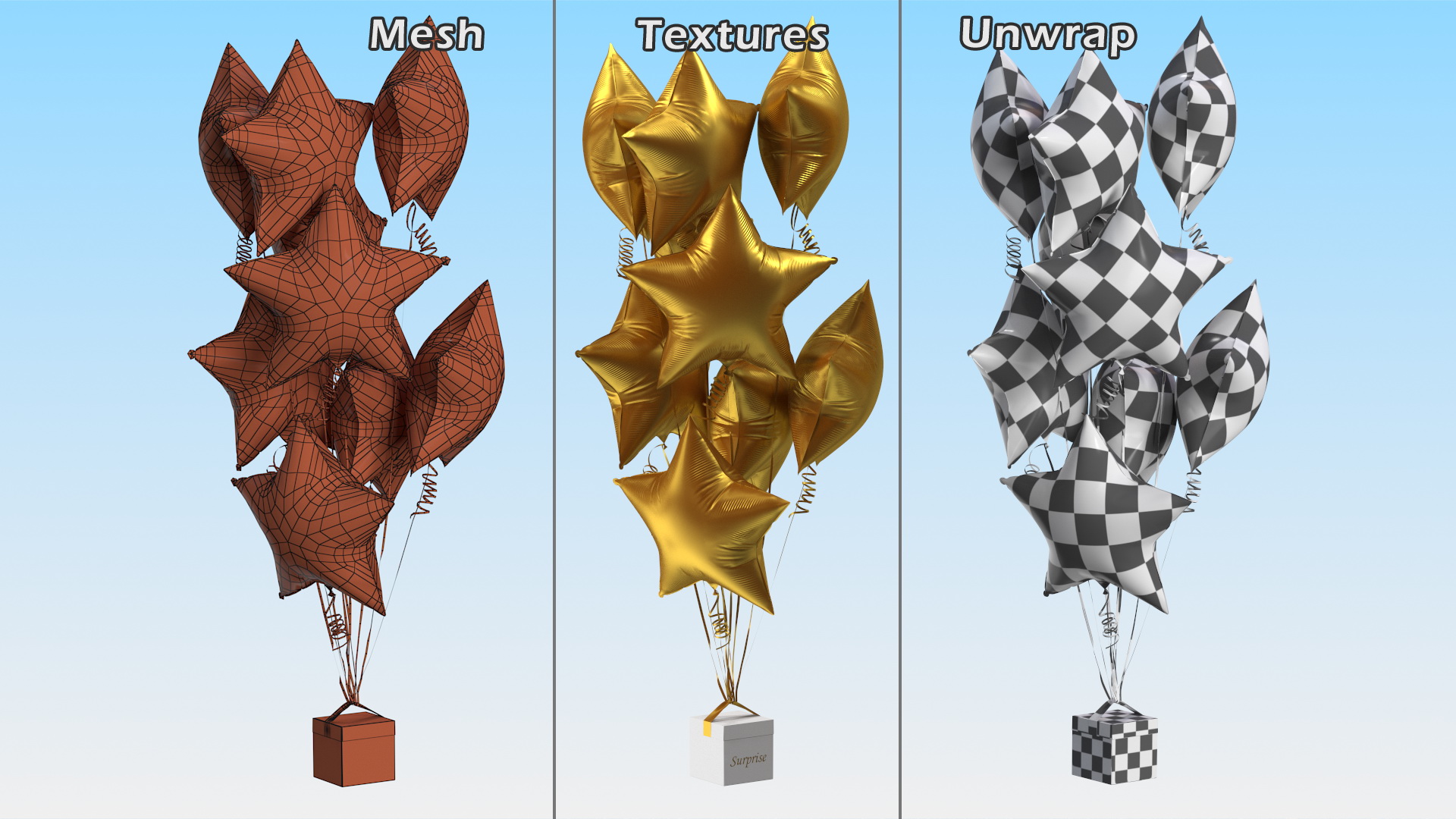 3D Matte Gold Star Balloons Tied to Gift Box