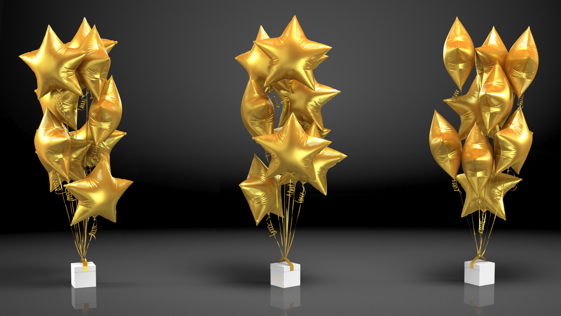 3D Matte Gold Star Balloons Tied to Gift Box