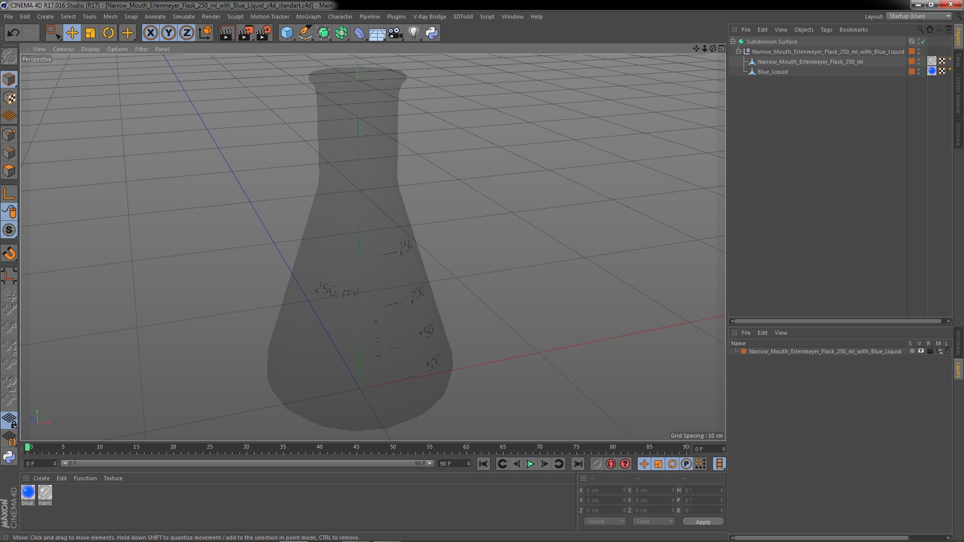 3D Narrow Mouth Erlenmeyer Flask 250 ml with Blue Liquid model