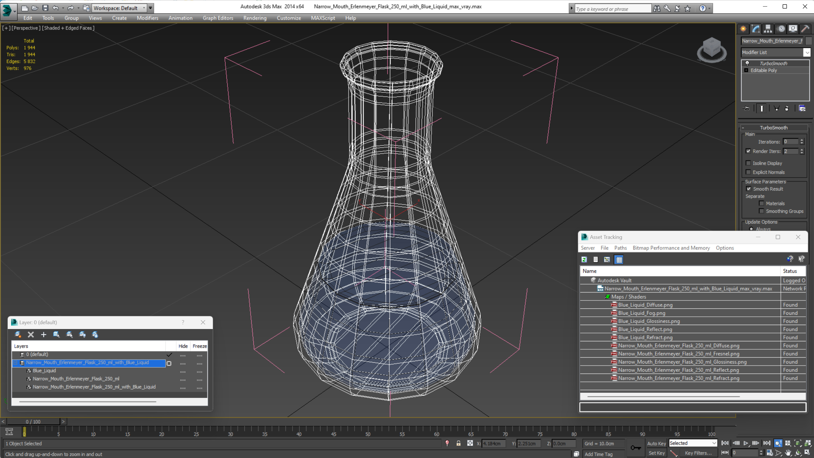 3D Narrow Mouth Erlenmeyer Flask 250 ml with Blue Liquid model