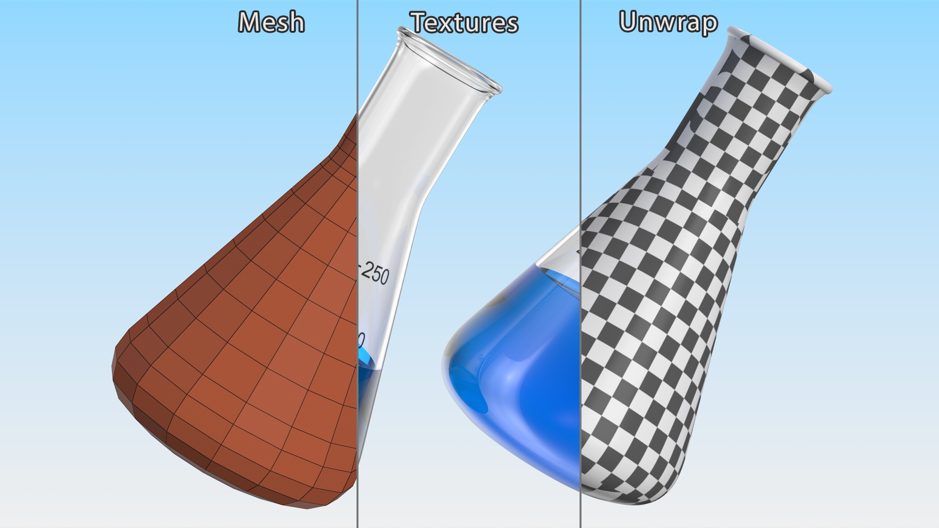 3D Narrow Mouth Erlenmeyer Flask 250 ml with Blue Liquid model