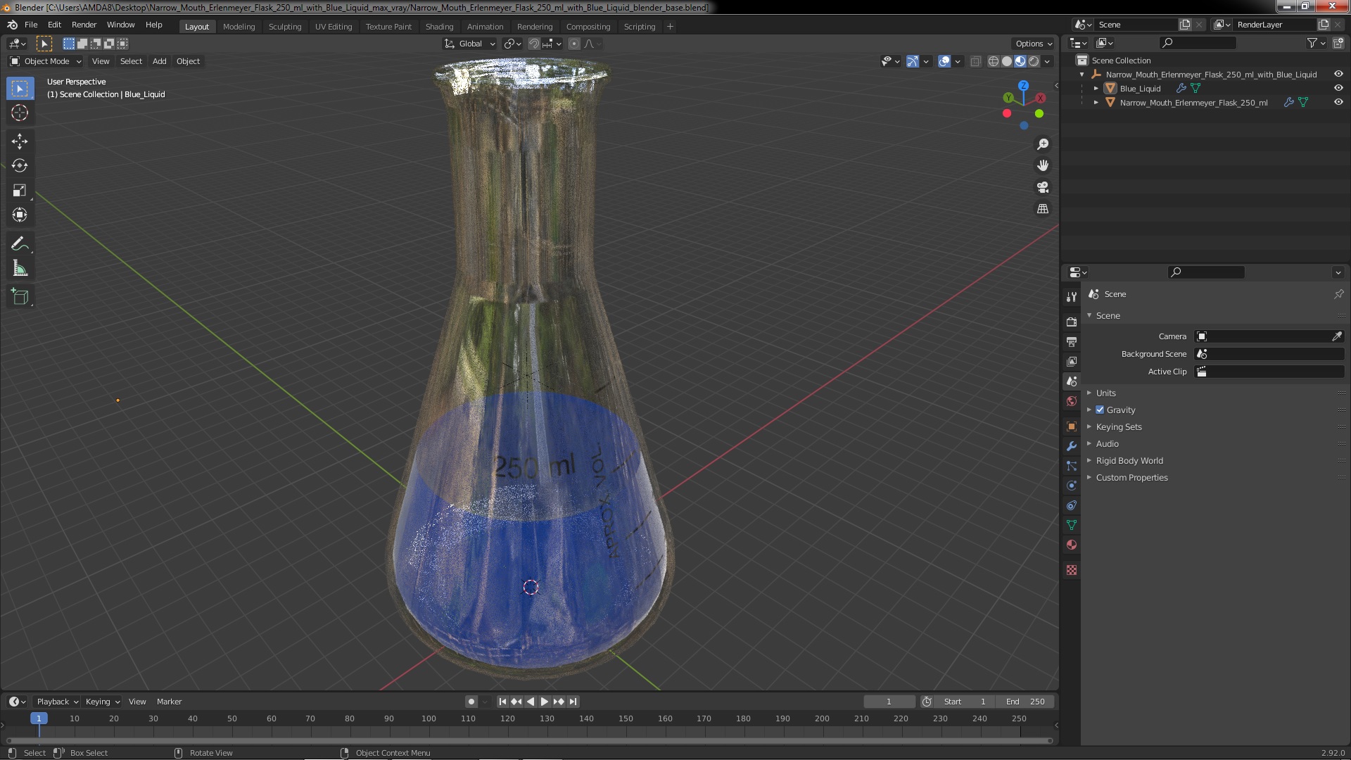 3D Narrow Mouth Erlenmeyer Flask 250 ml with Blue Liquid model