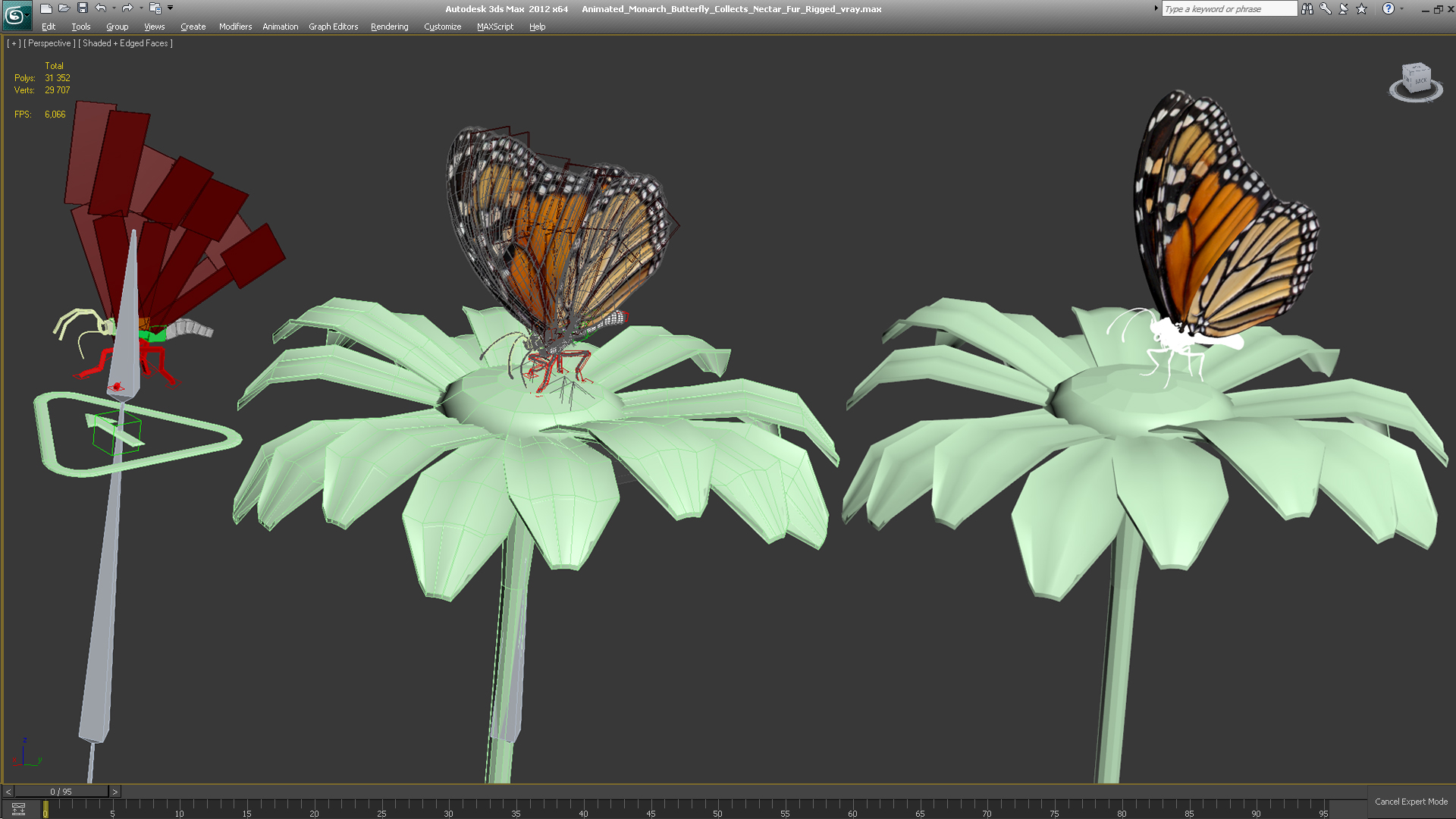 3D Animated Monarch Butterfly Collects Nectar Fur Rigged model