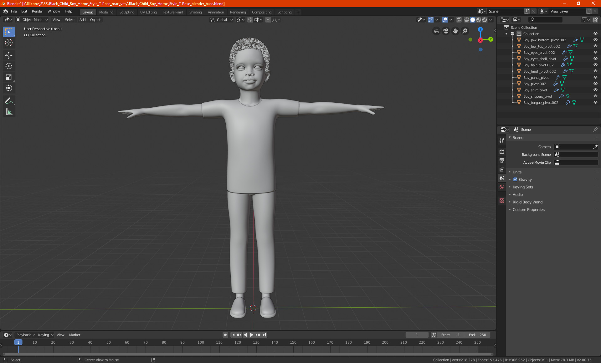 3D Black Child Boy Home Style T-Pose model