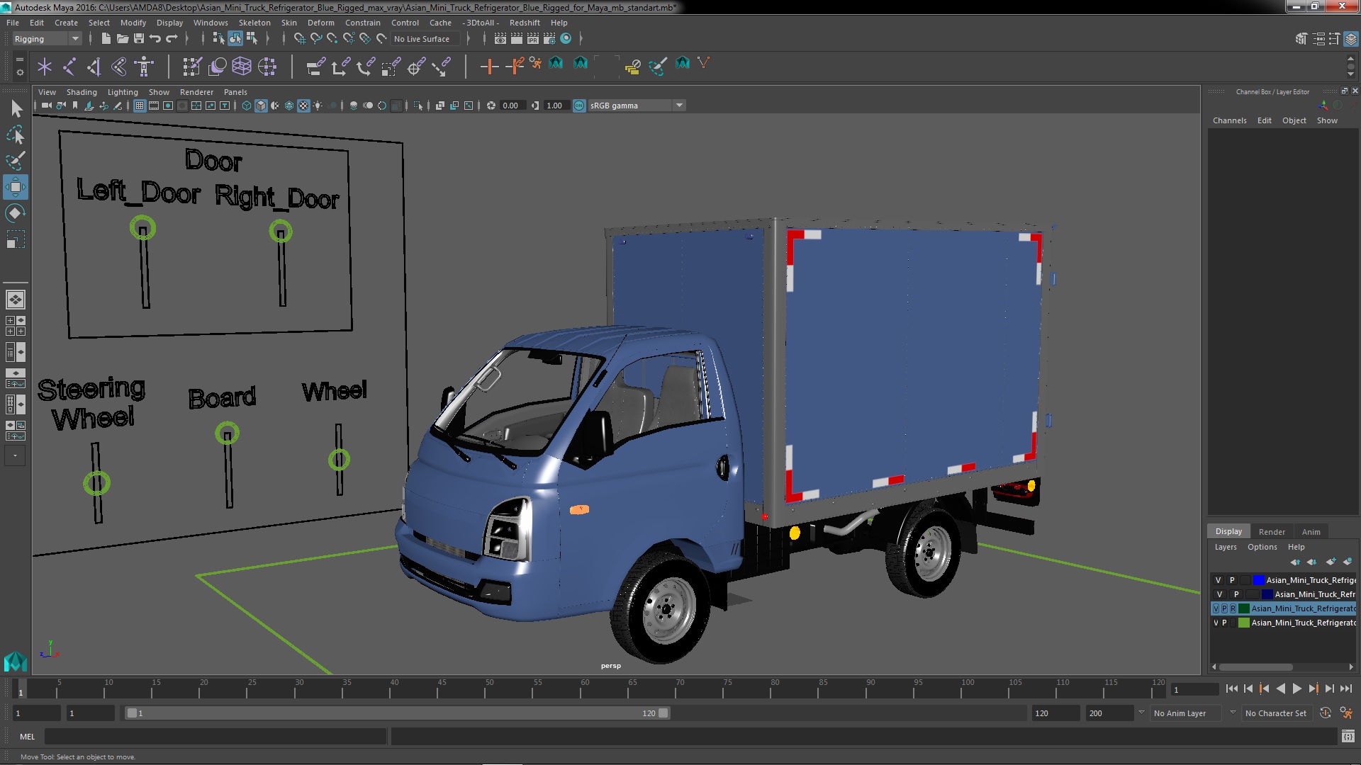 3D model Asian Mini Truck Refrigerator Blue Rigged for Maya
